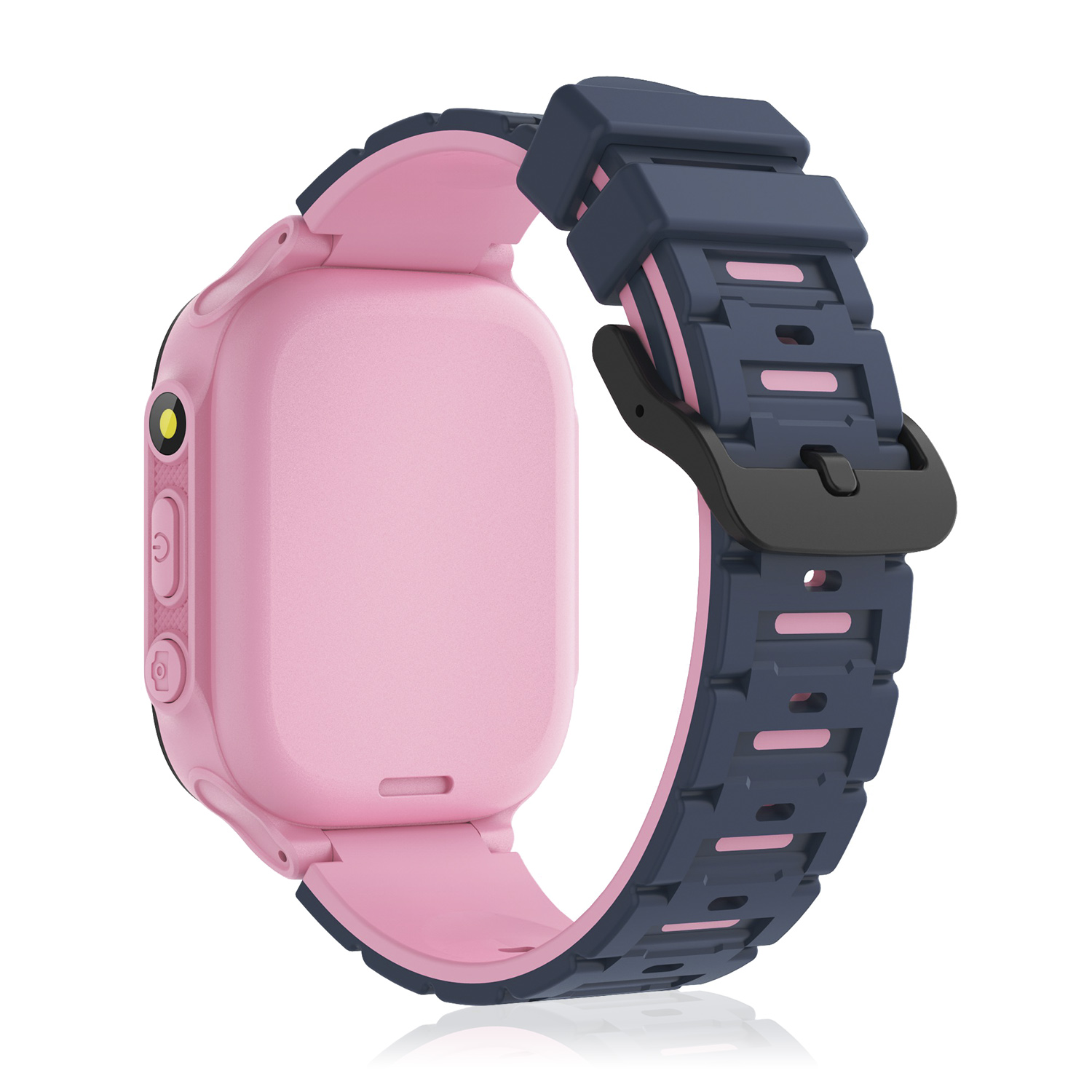 Smartwatch rosa e blu con schermo rosa e cinturino blu su sfondo bianco.