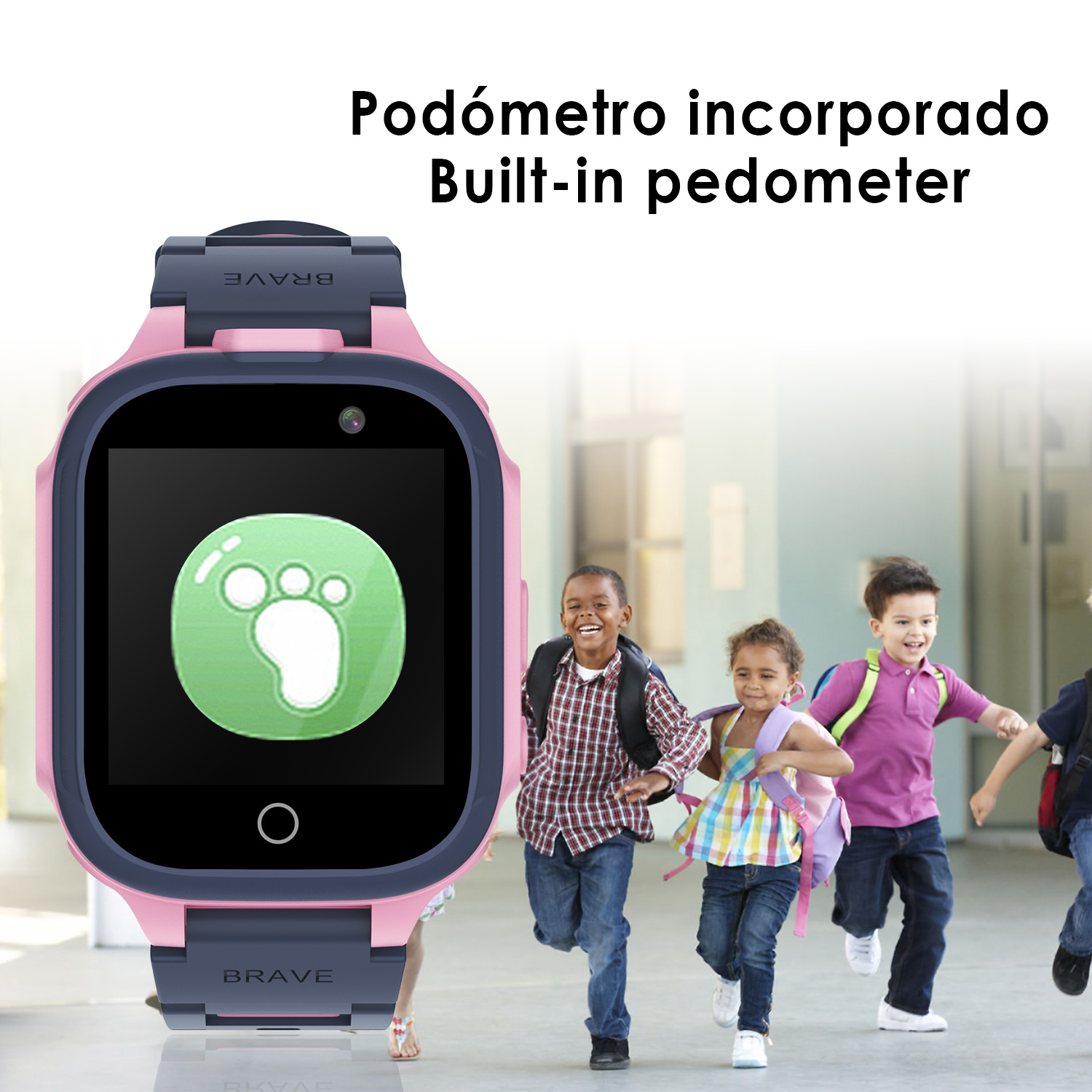 Smartwatch con cinturino rosa, che mostra un'icona del contapassi, bambini che corrono.
