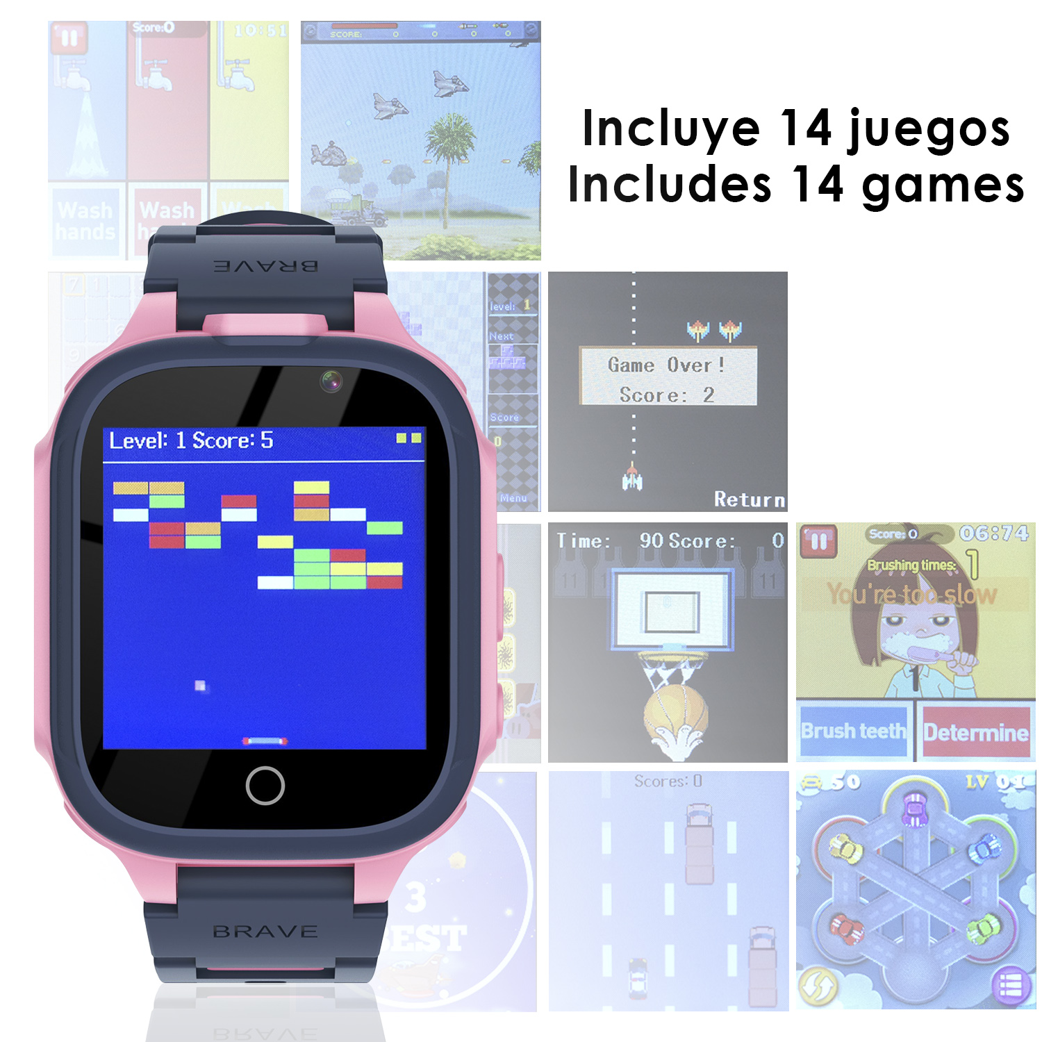 Smartwatch per bambini che mostra schermate di giochi. Include 14 giochi. Vari screenshot.