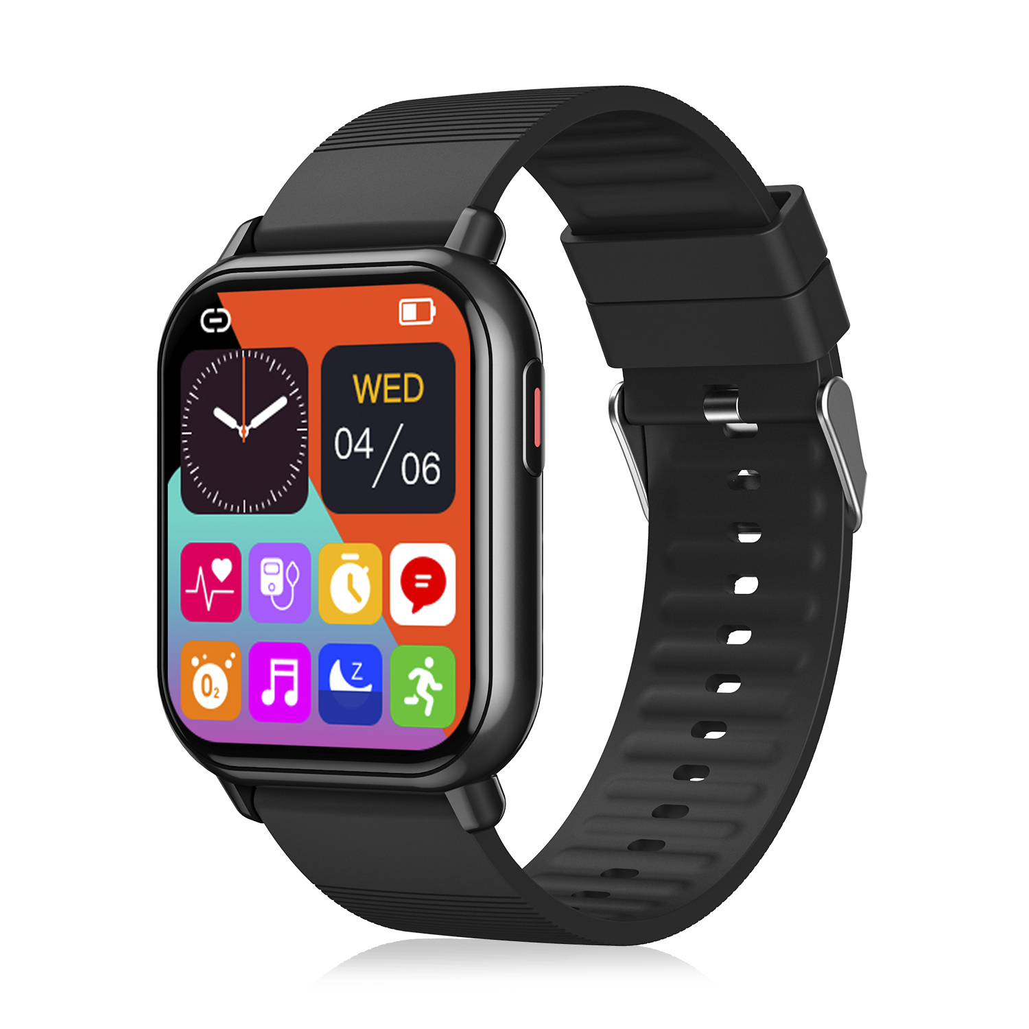 Smartwatch nero con schermo a colori che mostra ora, data e icone sanitarie. Cinturino nero.