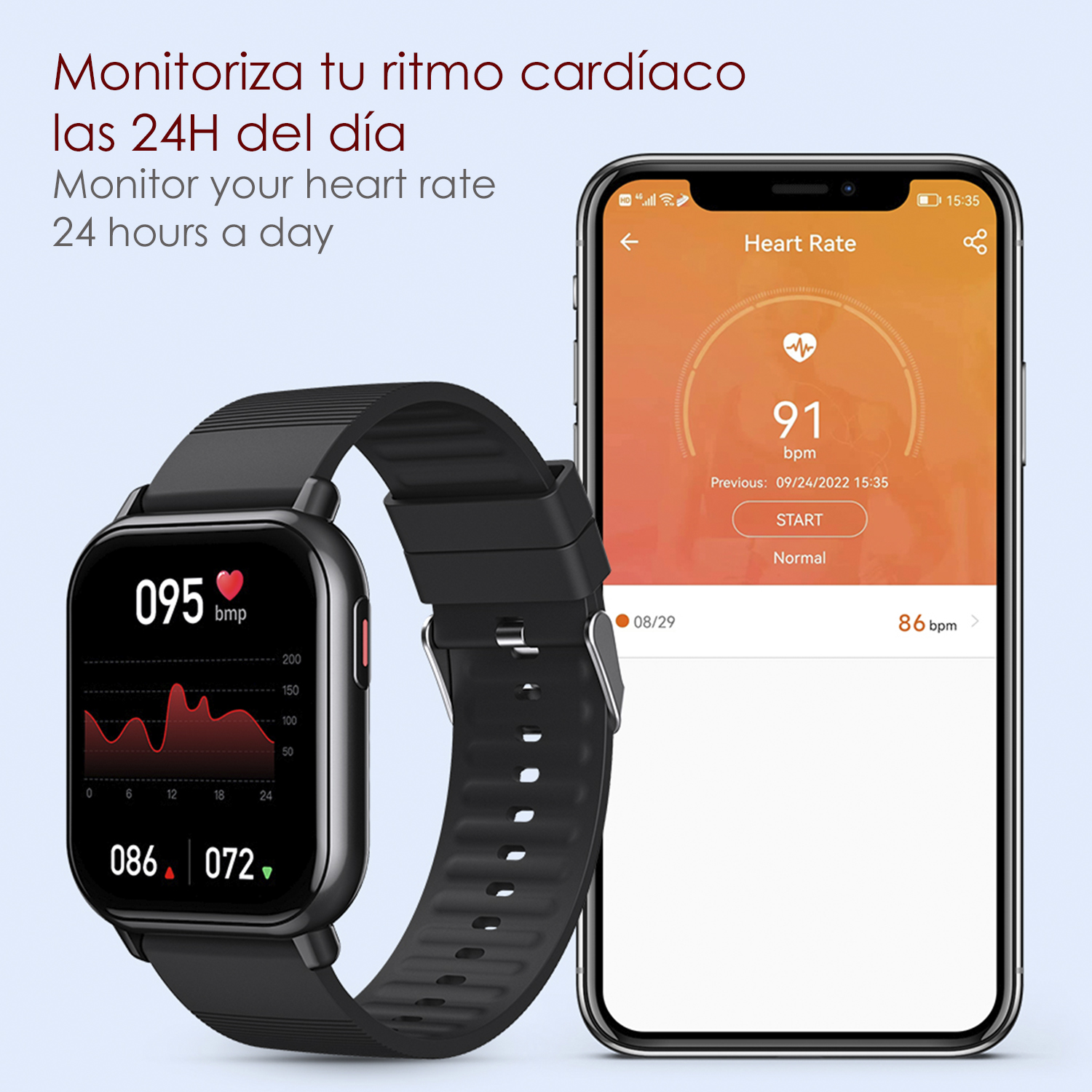 Schwarze Smartwatch am Handgelenk, die Herzfrequenzdaten anzeigt, gepaart mit einem Telefon, das dieselben Daten anzeigt.
