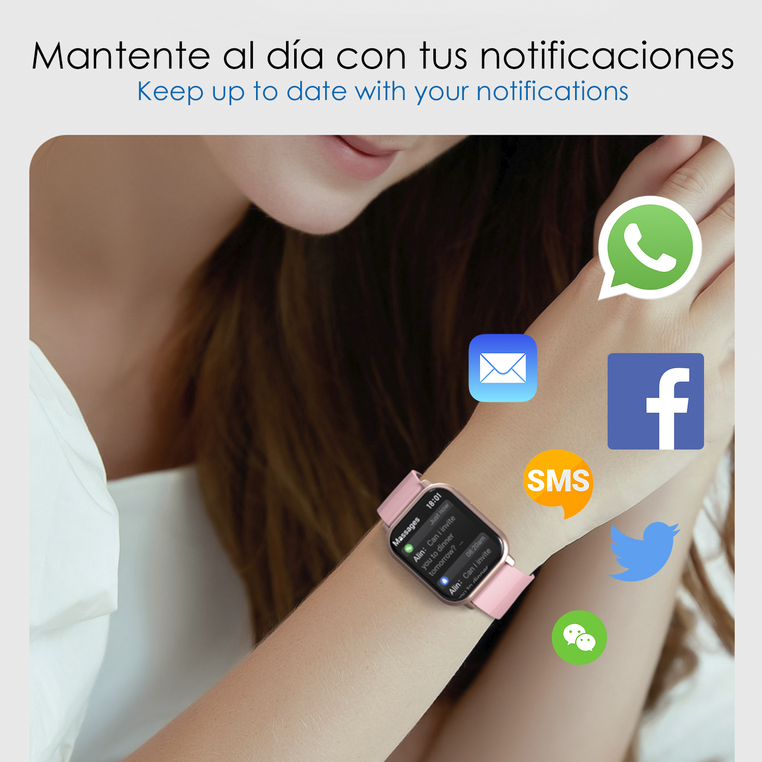 Handgelenk einer Frau mit rosa Smartwatch, die Benachrichtigungen anzeigt. Symbole sozialer Medien um die Uhr.