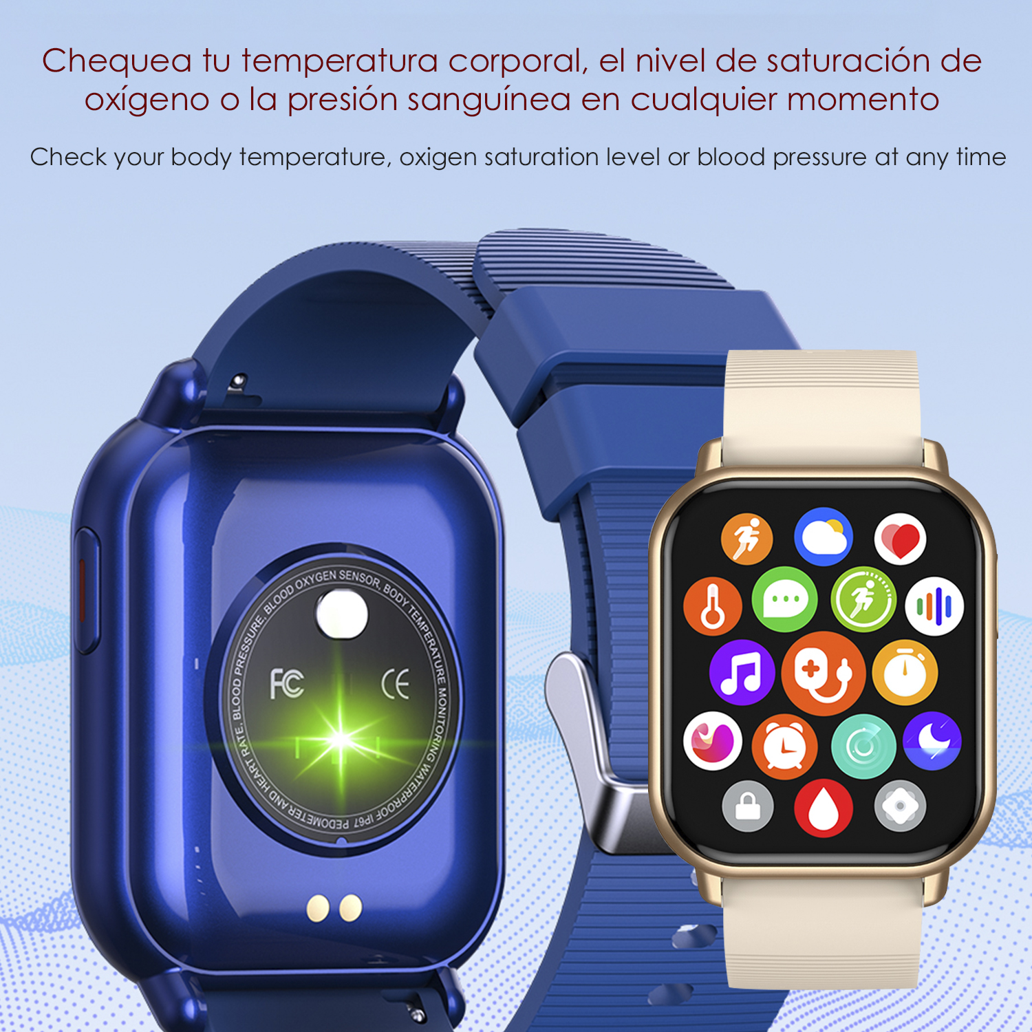 Smartwatch con cinturino blu. Visualizza icone e dati. Un secondo orologio è sullo sfondo.