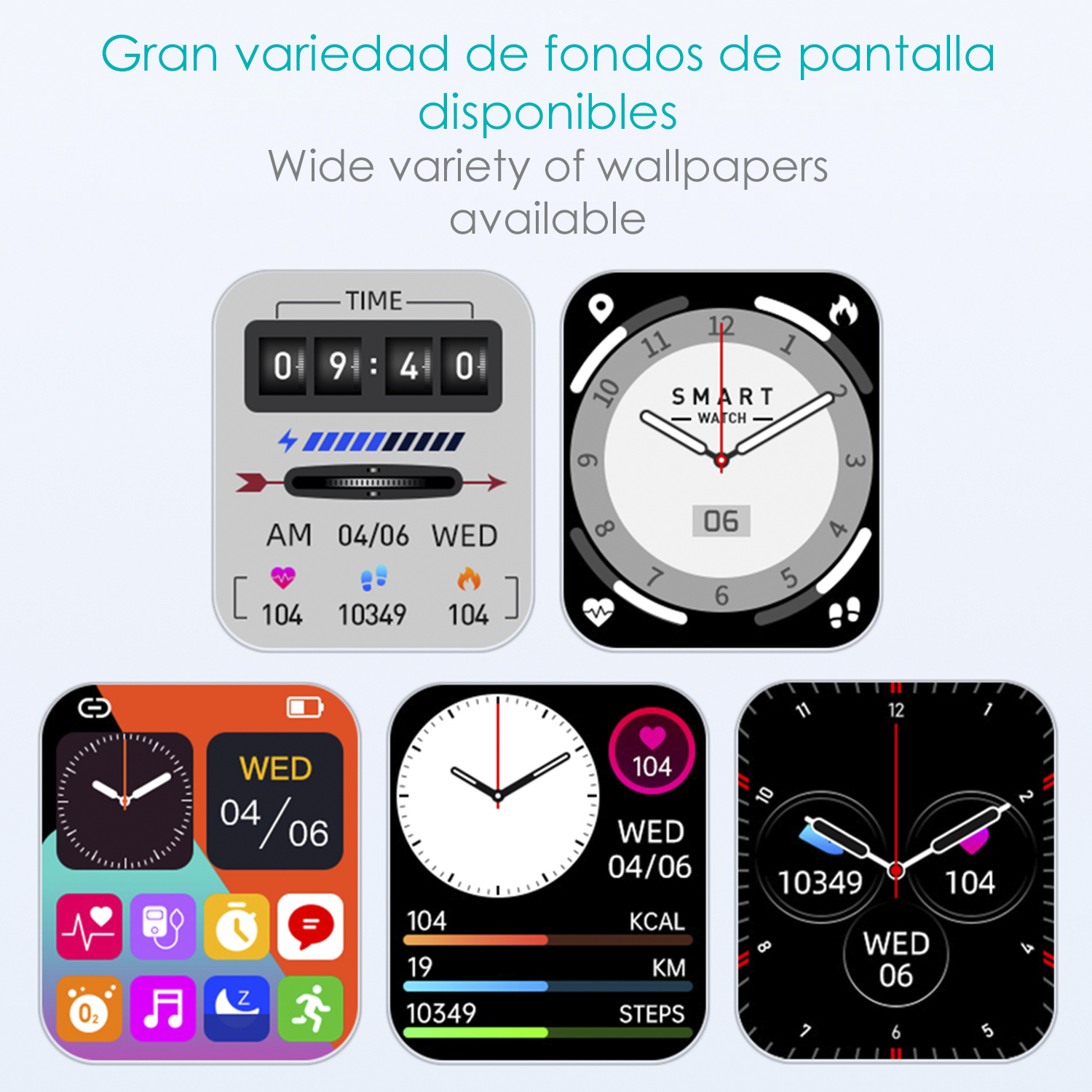 Vari quadranti di smartwatch su sfondo bianco. Diverse visualizzazioni di tempo e metriche.