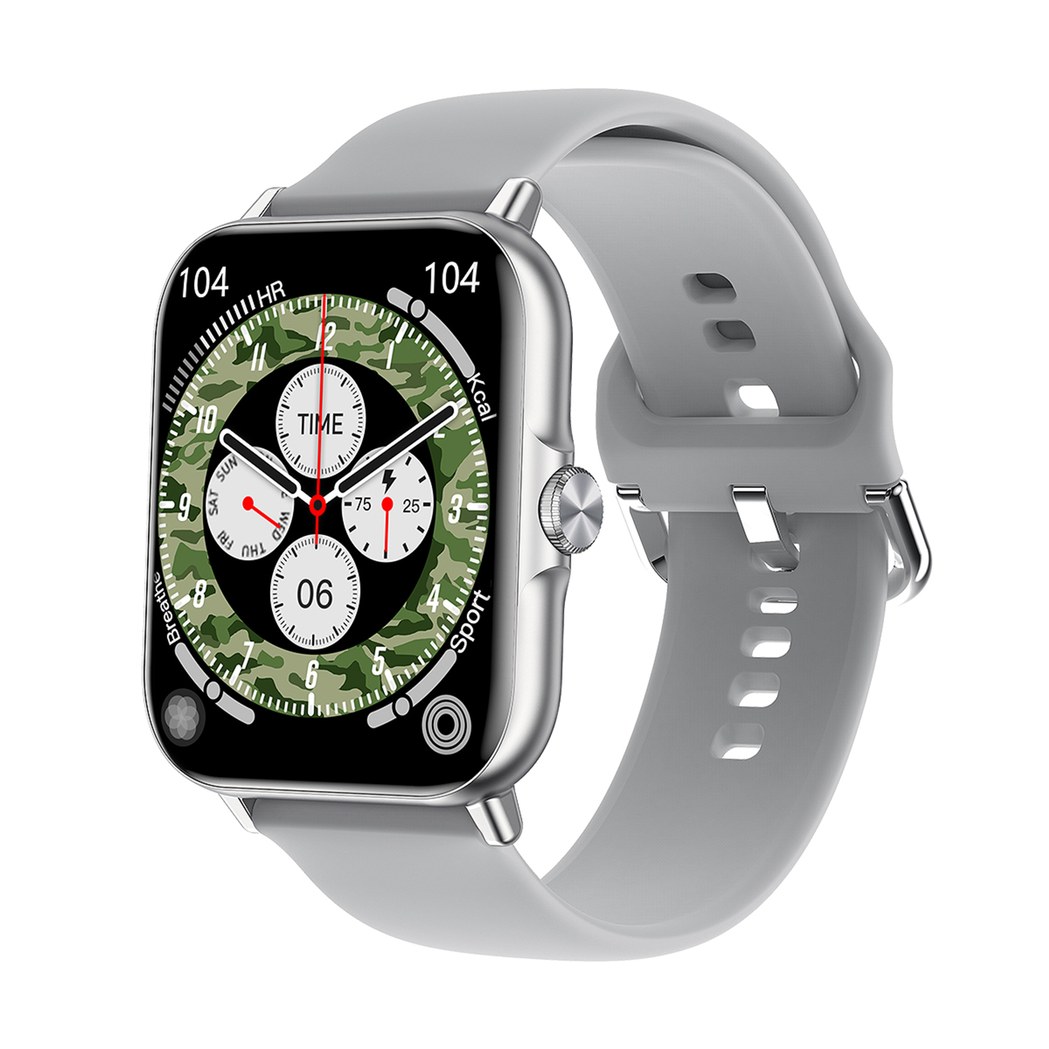 Uno smartwatch argentato con cinturino grigio, con display digitale che mostra ora e dati fitness.