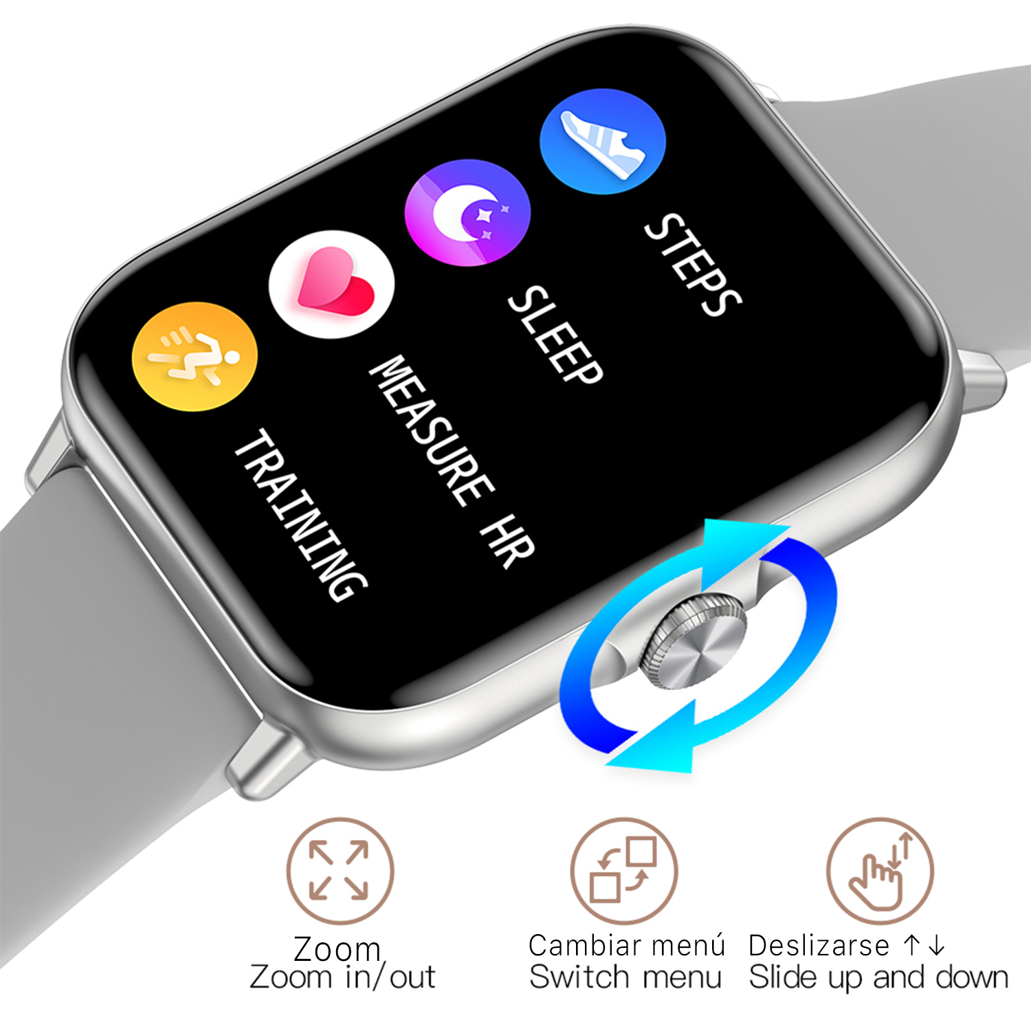 Uno smartwatch con icone multiple di app, cinturino argento e pulsante rotante.