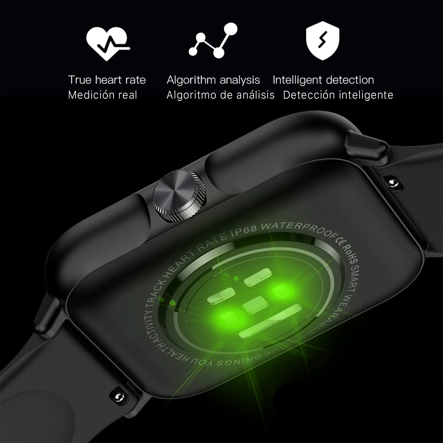 Smartwatch con un sensore di luce verde nella parte inferiore. Icone e testo che descrivono le funzioni.