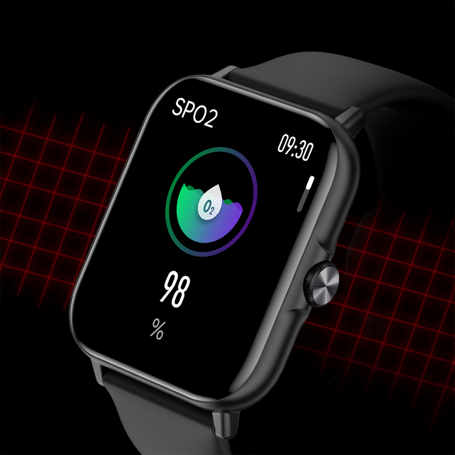 Smartwatch che mostra il livello di ossigeno nel sangue al 98%. L'orologio ha cassa e cinturino neri.
