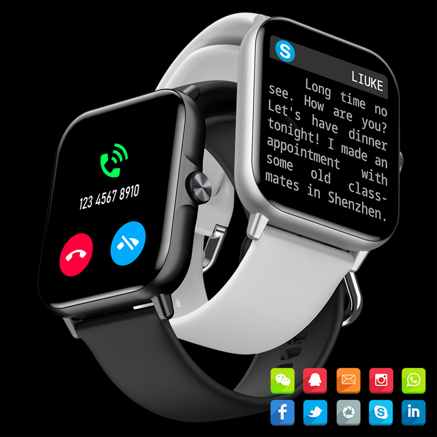 Smartwatch che mostrano notifiche e messaggi. Orologio in bianco e nero al polso.