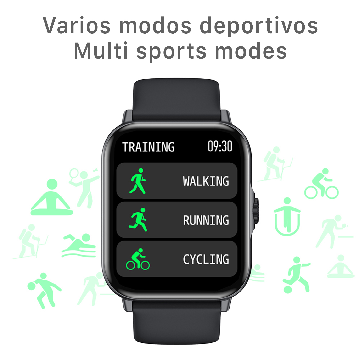 Smartwatch con modalità allenamento: camminata, corsa, ciclismo. Icone verdi su schermo nero. Cinturino nero.
