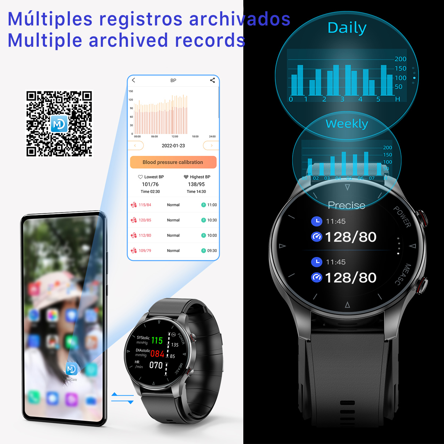 Uno smartwatch che mostra i dati giornalieri e settimanali della pressione sanguigna e altre metriche di salute. Testo: Molteplici registrazioni archiviate.