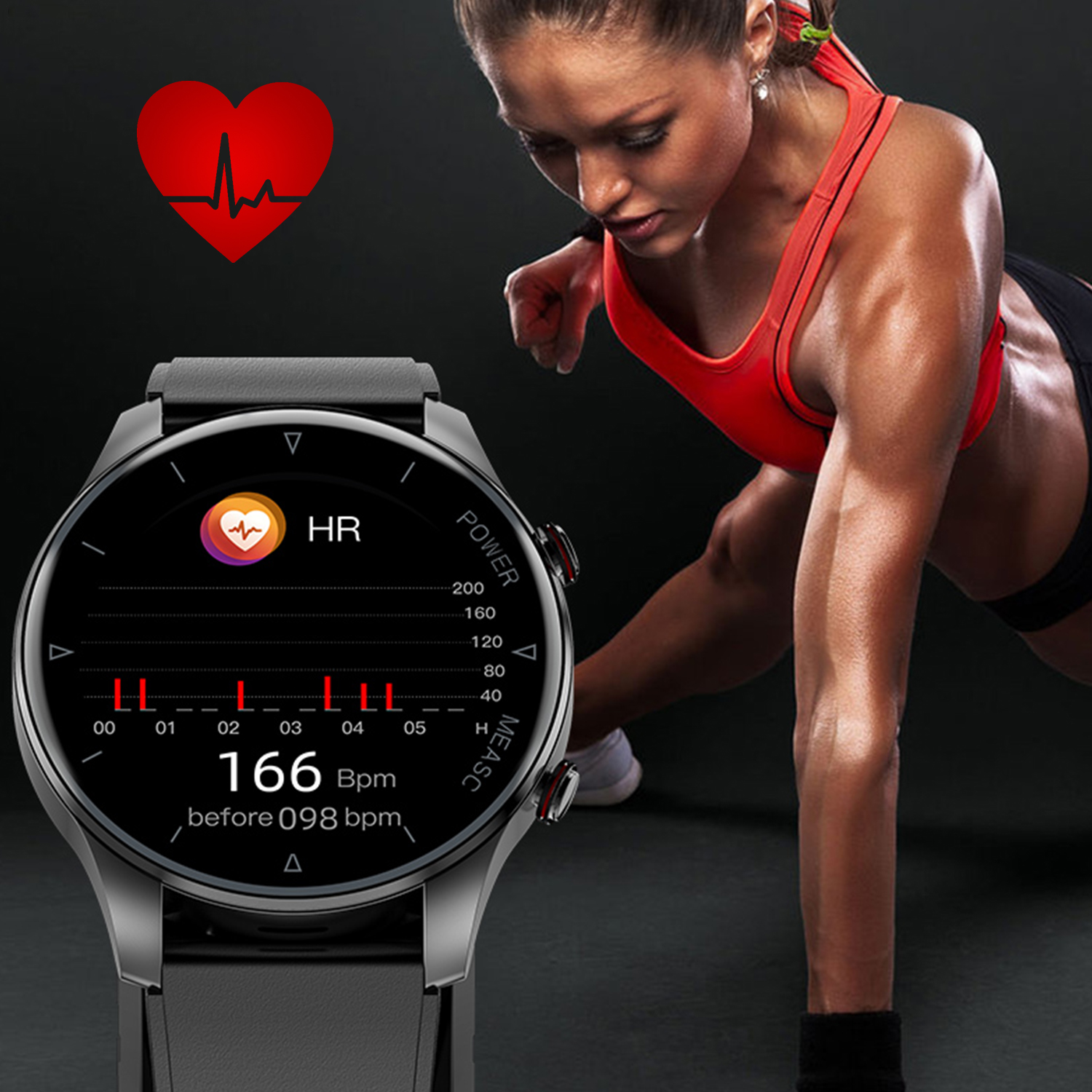 Una donna che si allena con uno smartwatch, mostrando la sua frequenza cardiaca sullo schermo.