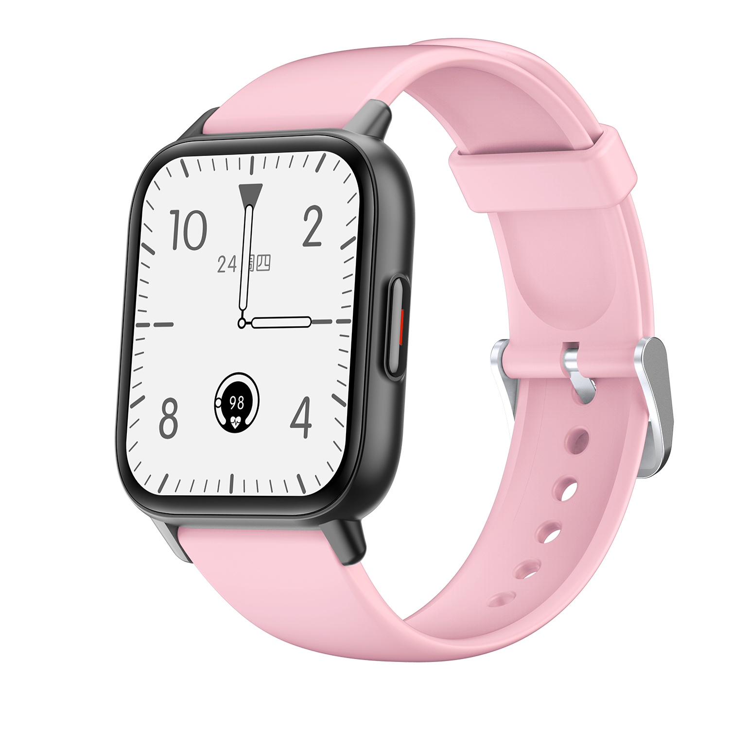 Smartwatch rosa con quadrante bianco, che mostra ora e frequenza cardiaca, su sfondo bianco.