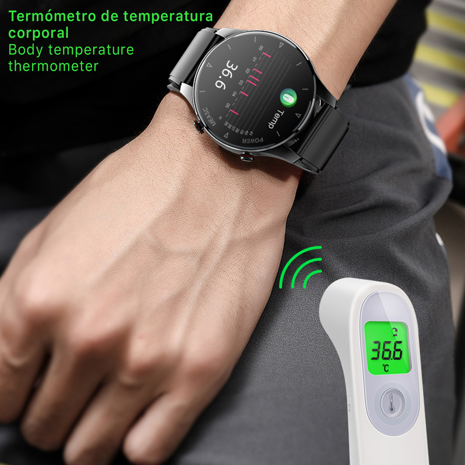 Il polso di un uomo con uno smartwatch e un termometro nelle vicinanze che mostra 36,6 gradi.