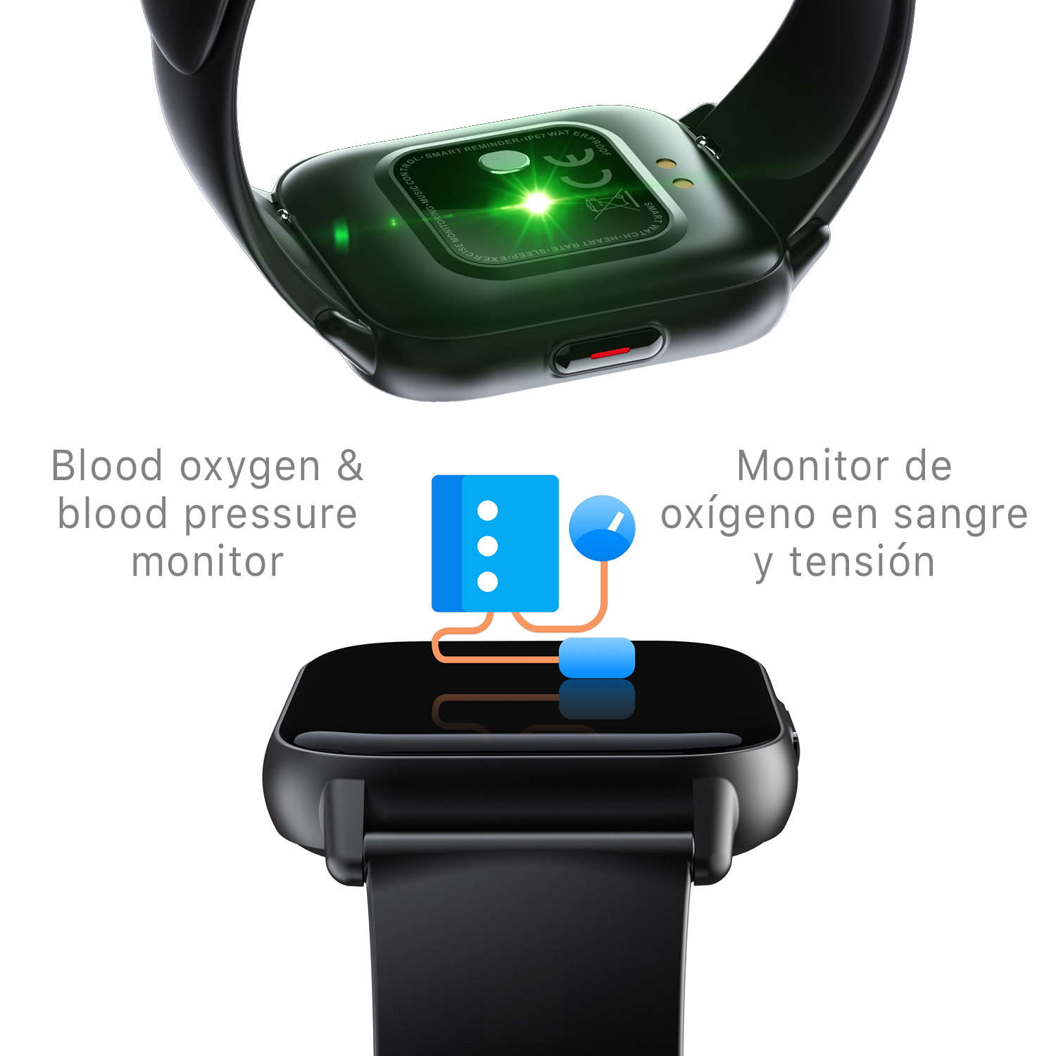 Smartwatch che mostra le funzioni di monitoraggio dell'ossigeno nel sangue e della pressione sanguigna.