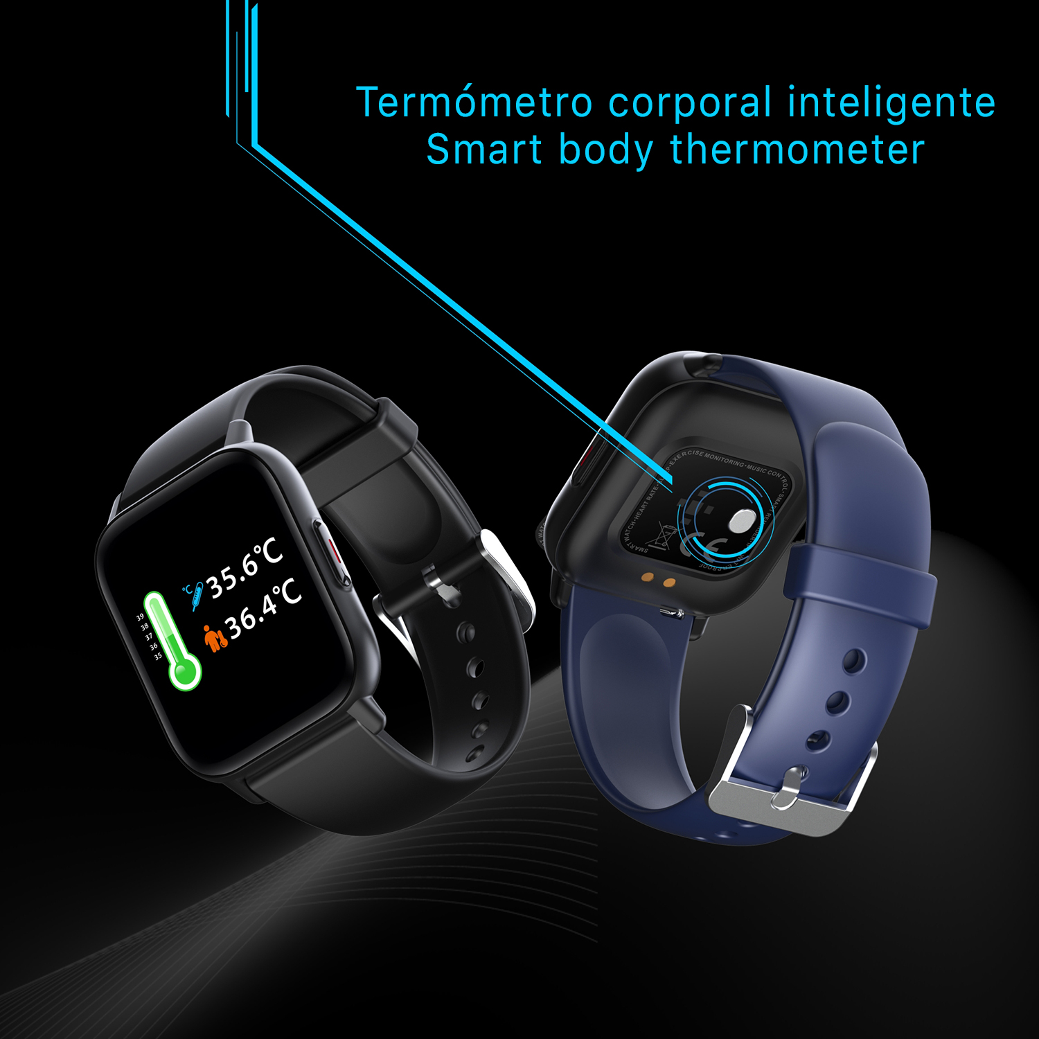 Due smartwatch, uno nero e uno blu. Il testo dice 'Termometro corporeo intelligente' e letture della temperatura.