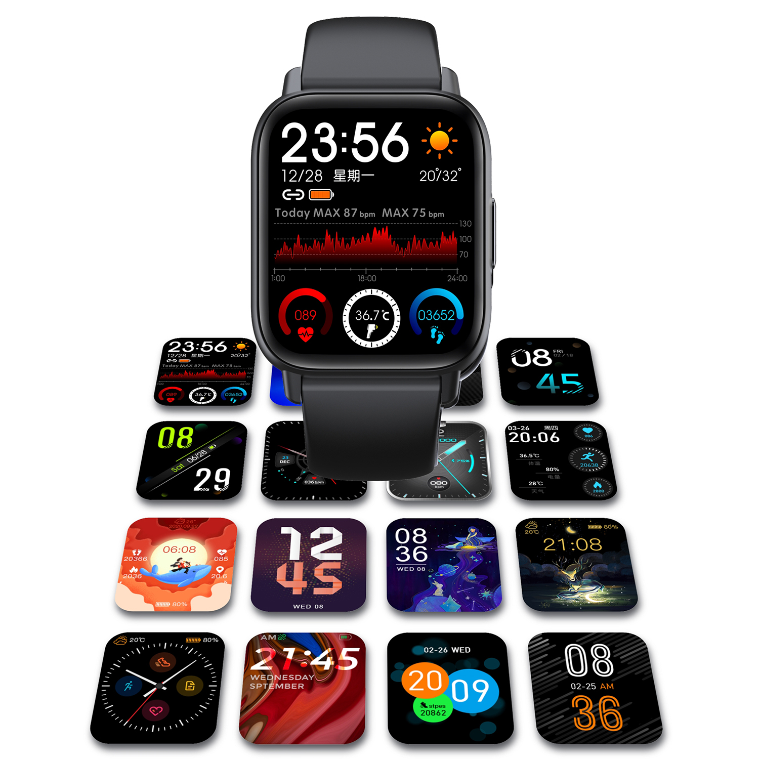 Uno smartwatch che mostra più quadranti. L'orologio ha un cinturino nero e un quadrante rotondo con display digitale.
