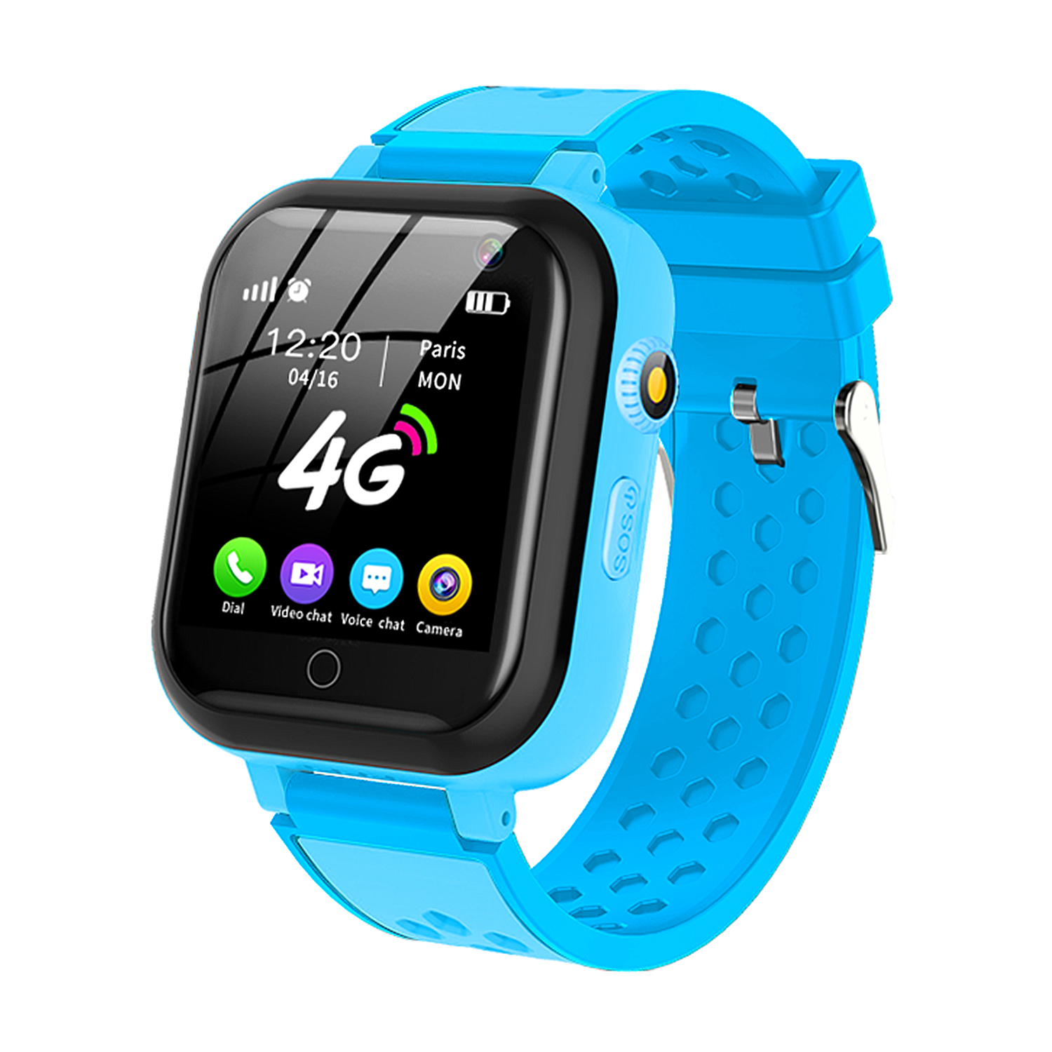 Blaue Smartwatch mit schwarzem Bildschirm, der Zeit und Symbole anzeigt. Blaues Armband.