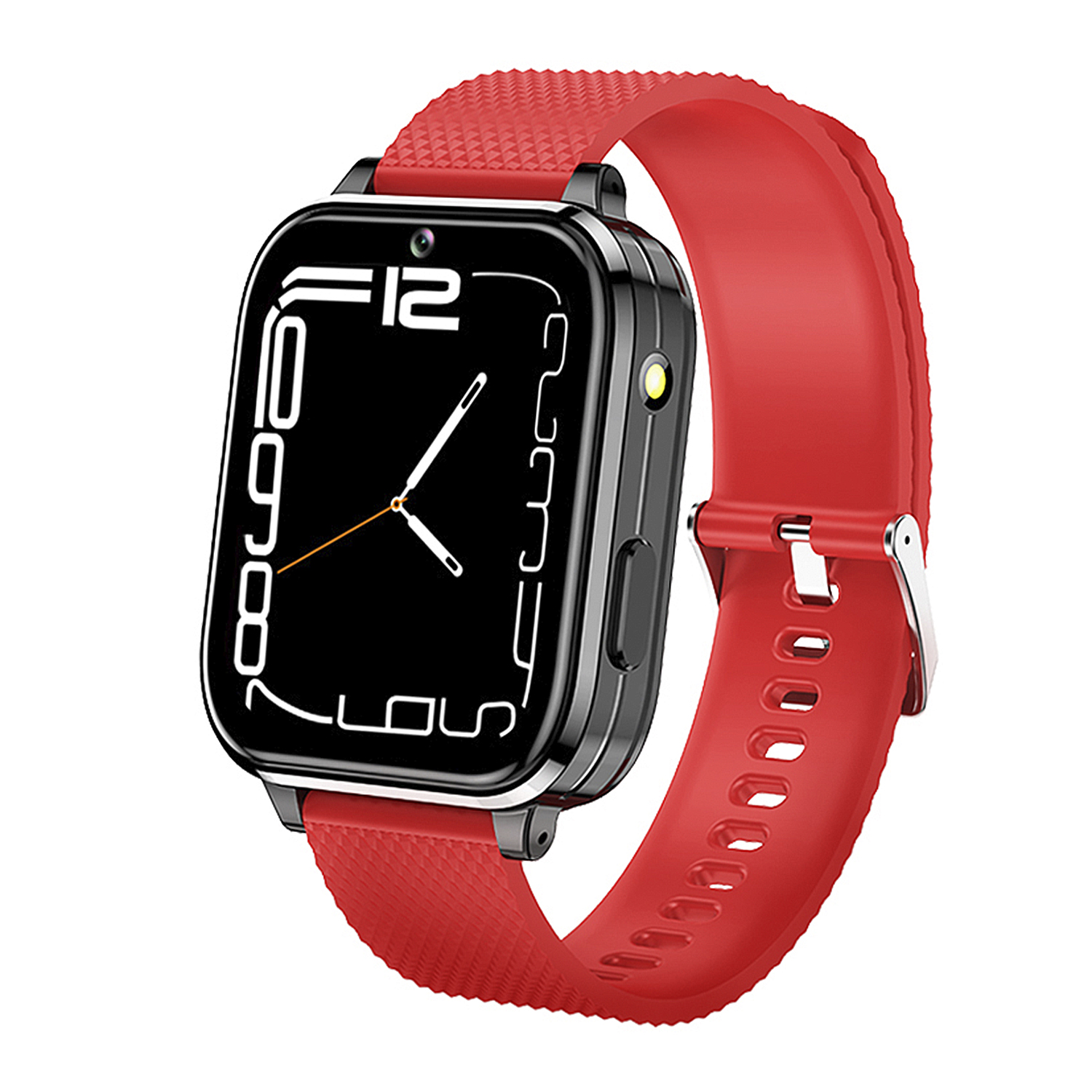 Smartwatch roja con correa roja. La esfera muestra la hora y una pantalla numérica blanca.