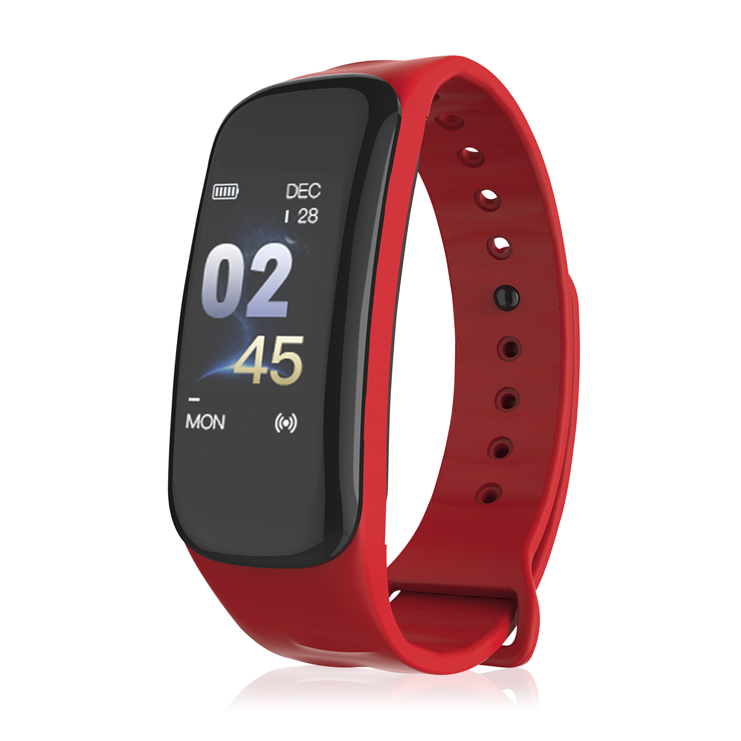 Smartwatch rosso con schermo nero che mostra numeri.