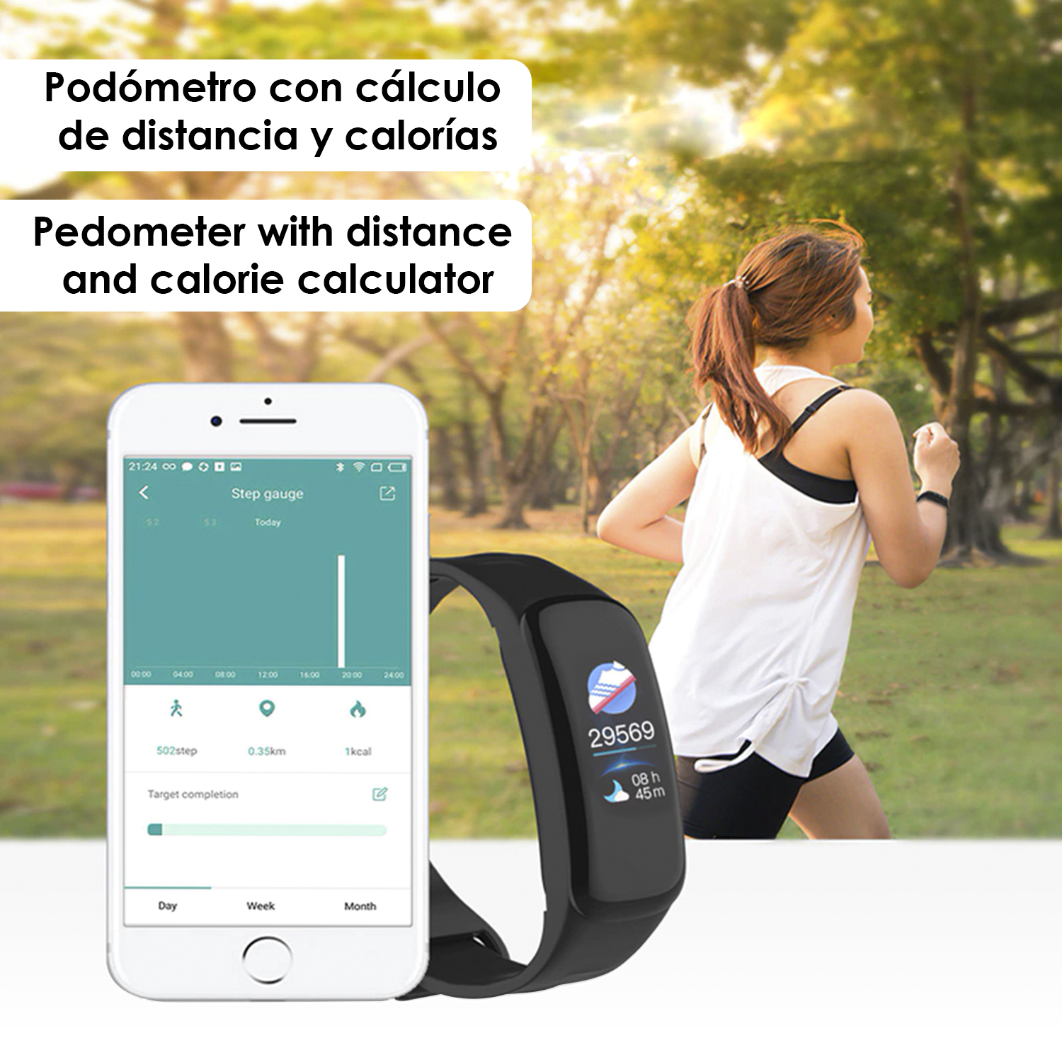 Una donna con un fitness tracker. Il tracker mostra passi e informazioni sulle calorie.