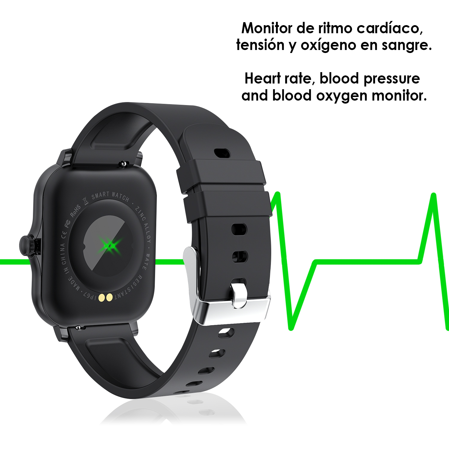 Vista posteriore di uno smartwatch, che mostra un sensore di frequenza cardiaca e testo sul monitor dell'ossigeno nel sangue.