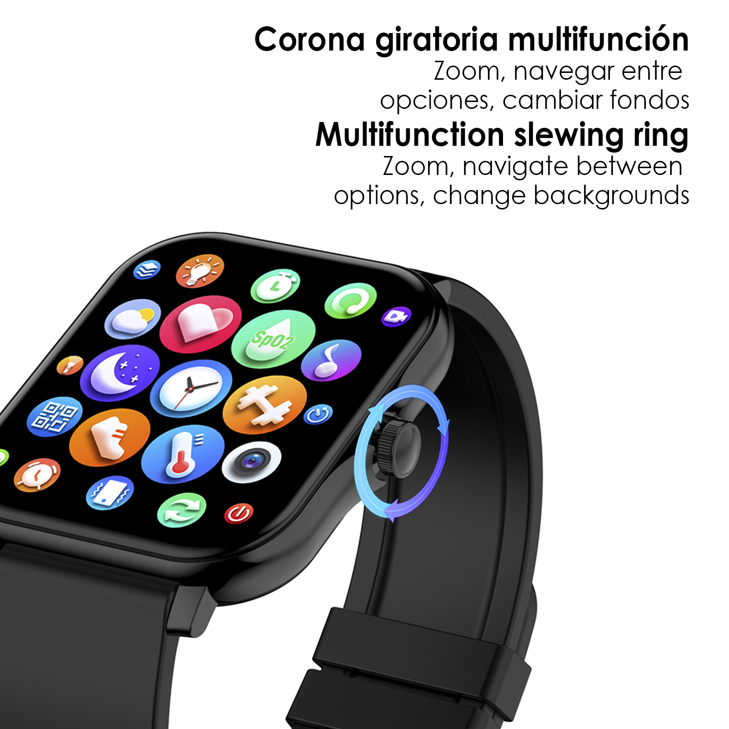 Smartwatch nero con ghiera girevole. Display con icone di varie app. Cinturino nero.