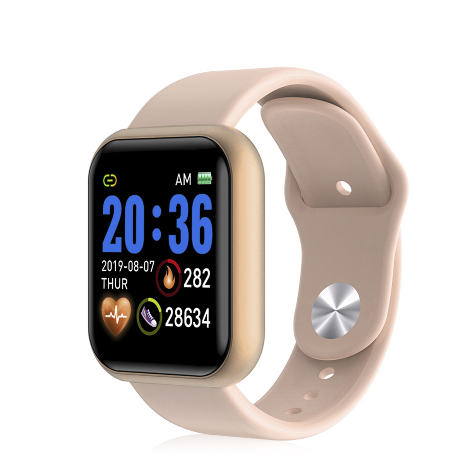 Smartwatch mit pinkfarbenem Armband. Zeigt Zeit, Datum, Herzfrequenz und Schritte an.