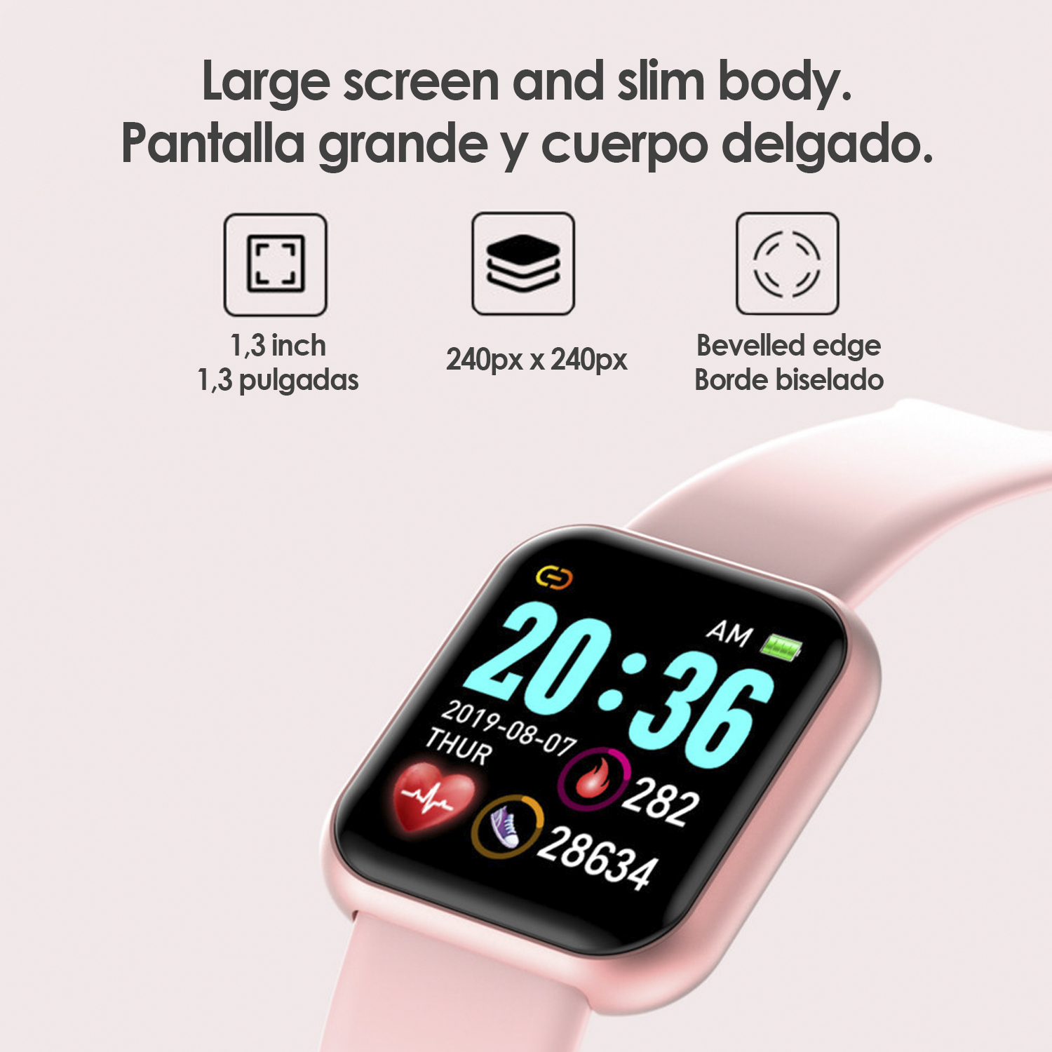 Rosa Smartwatch, Zeitanzeige, Herzfrequenzsymbol und Aktivitätsdaten.