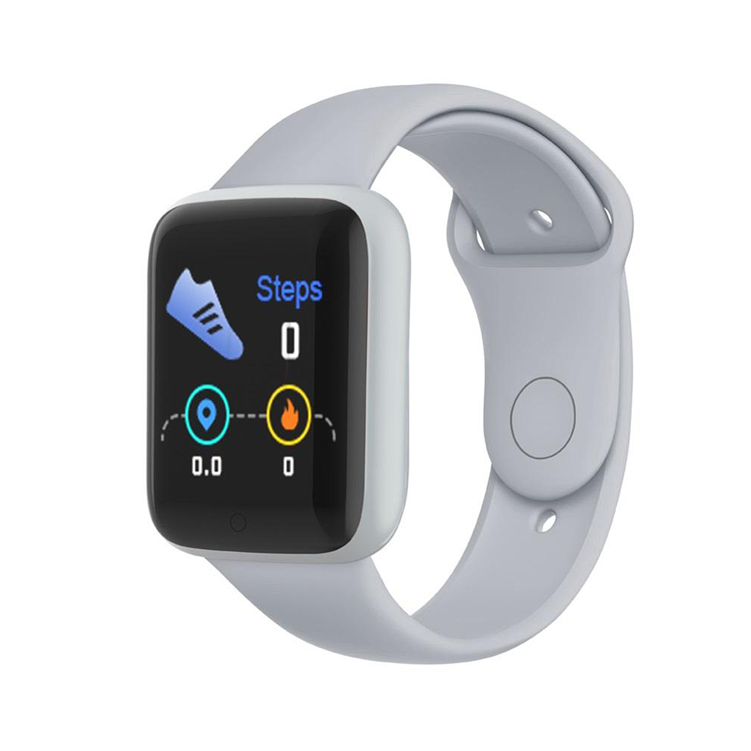 Uno smartwatch grigio chiaro con un cinturino bianco. Lo schermo visualizza passi, distanza e calorie bruciate.
