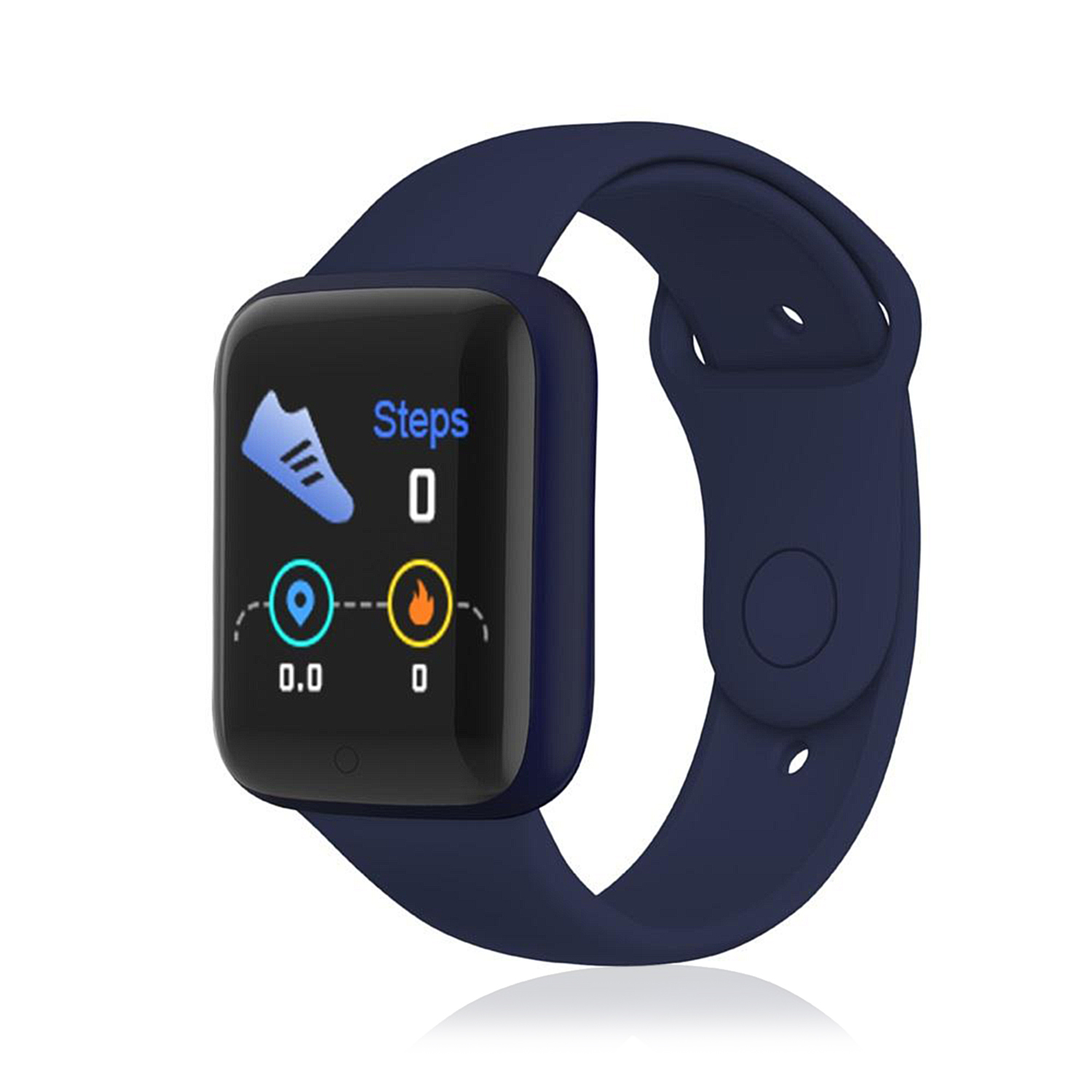 Smartwatch con cinturino blu. Mostra passi, distanza e calorie. Sfondo bianco.