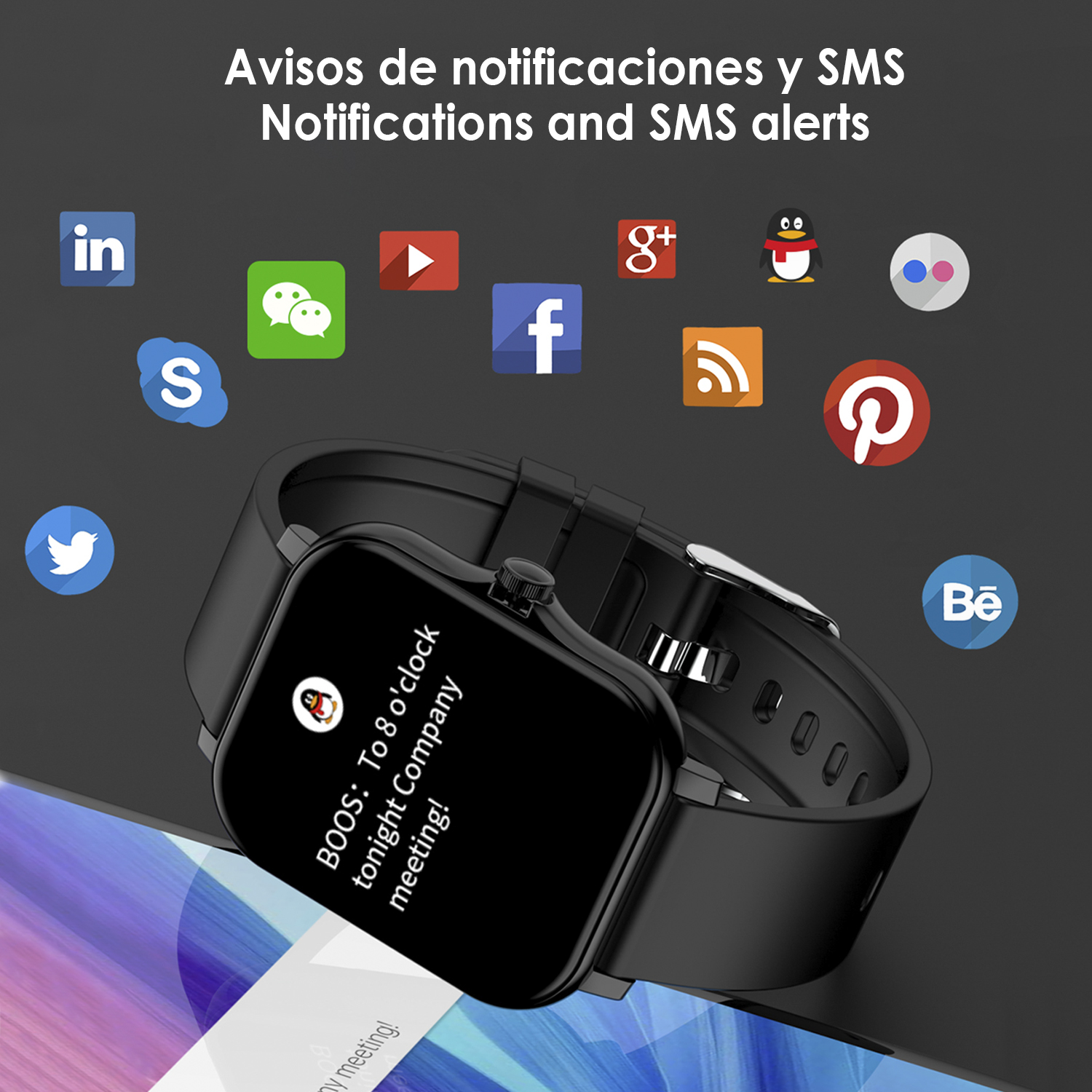 Uno smartwatch nero mostra icone di app come LinkedIn, Facebook e Pinterest. Mostra un promemoria riunione.
