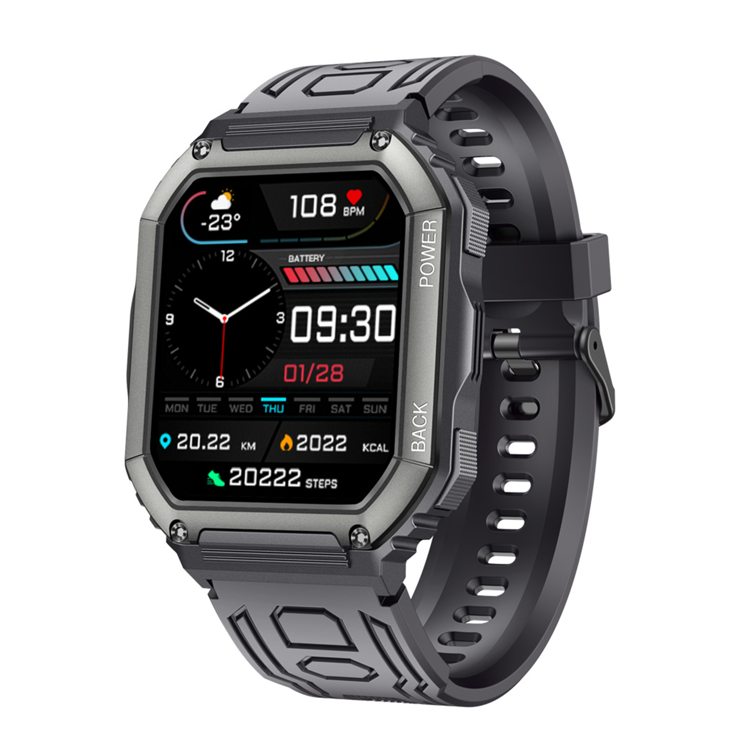 Smartwatch nera e grigia con cinturino nero, mostra ora e dati.