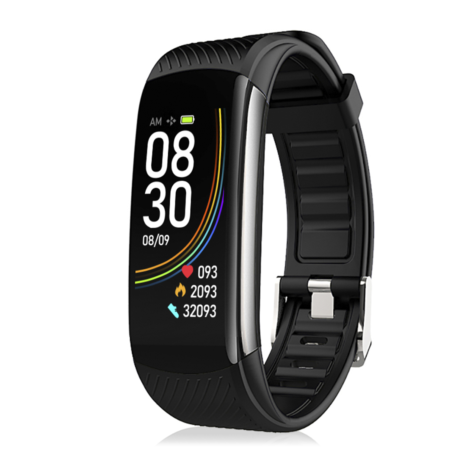 Smartwatch nero con display che mostra ora, data e metriche di salute. Cinturino nero.