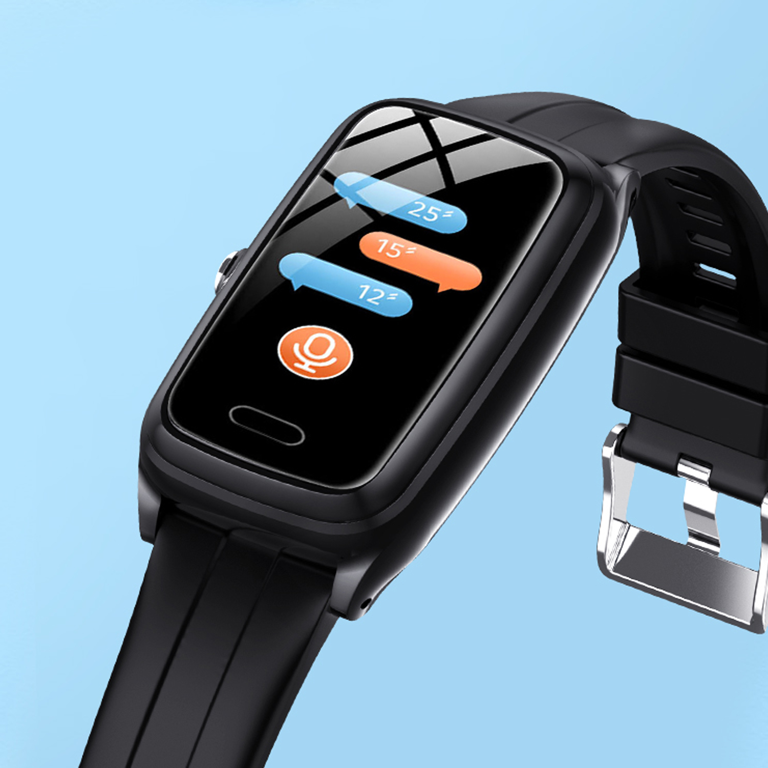 Schwarze Smartwatch mit einem Bildschirm, der Temperaturblasen zeigt. Blauer Hintergrund und schwarzes Armband.