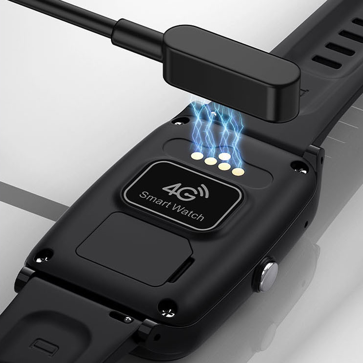 Schwarze Smartwatch wird von einem schwarzen Ladekabel aufgeladen. Der Ladebereich wird durch blaue Funken hervorgehoben.