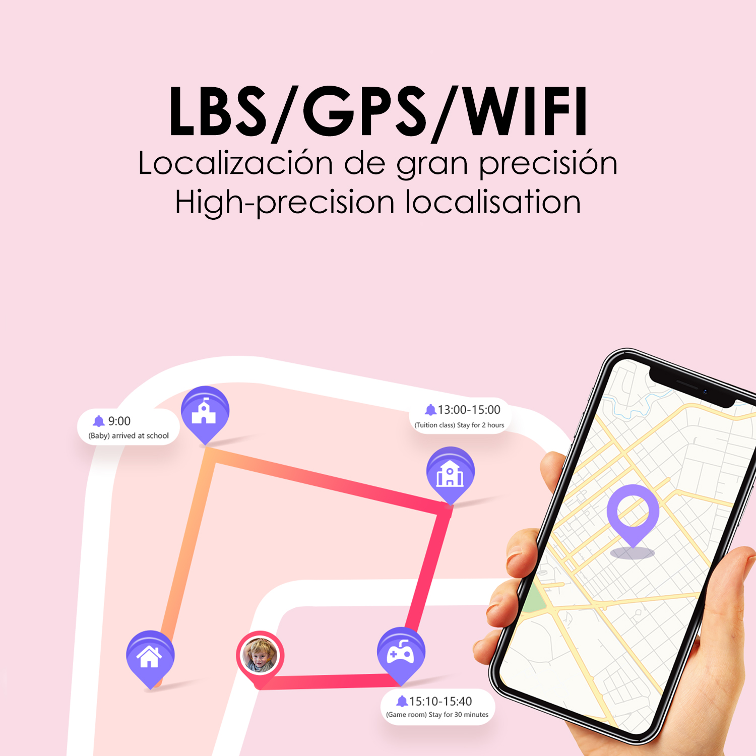Ein Telefon mit Karte und eine Smartwatch mit Route, Markierungen und Text 'LBS/GPS/WIFI'.
