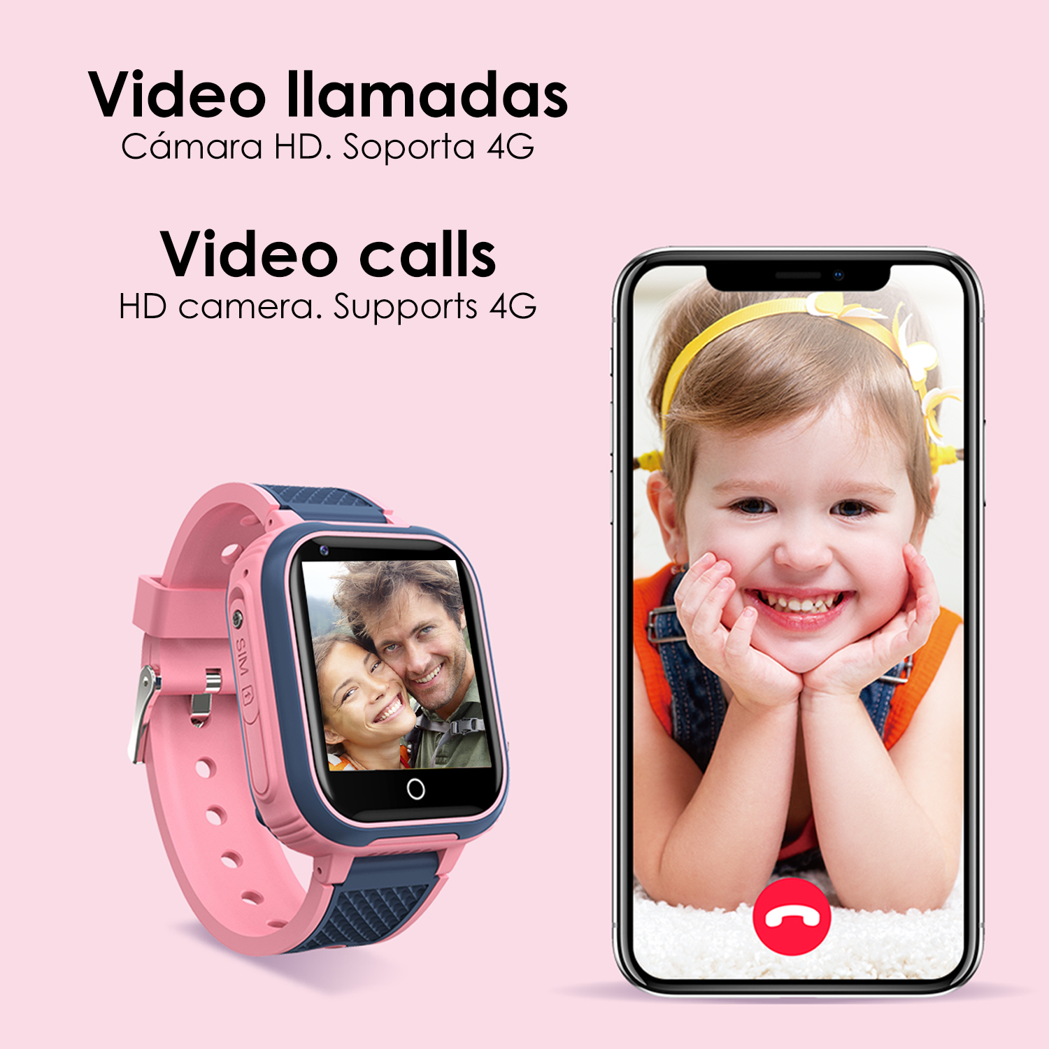Eine rosa-blaue Smartwatch zeigt einen Videoanruf eines Kindes. Daneben zeigt ein Smartphone das Gesicht eines Mädchens.