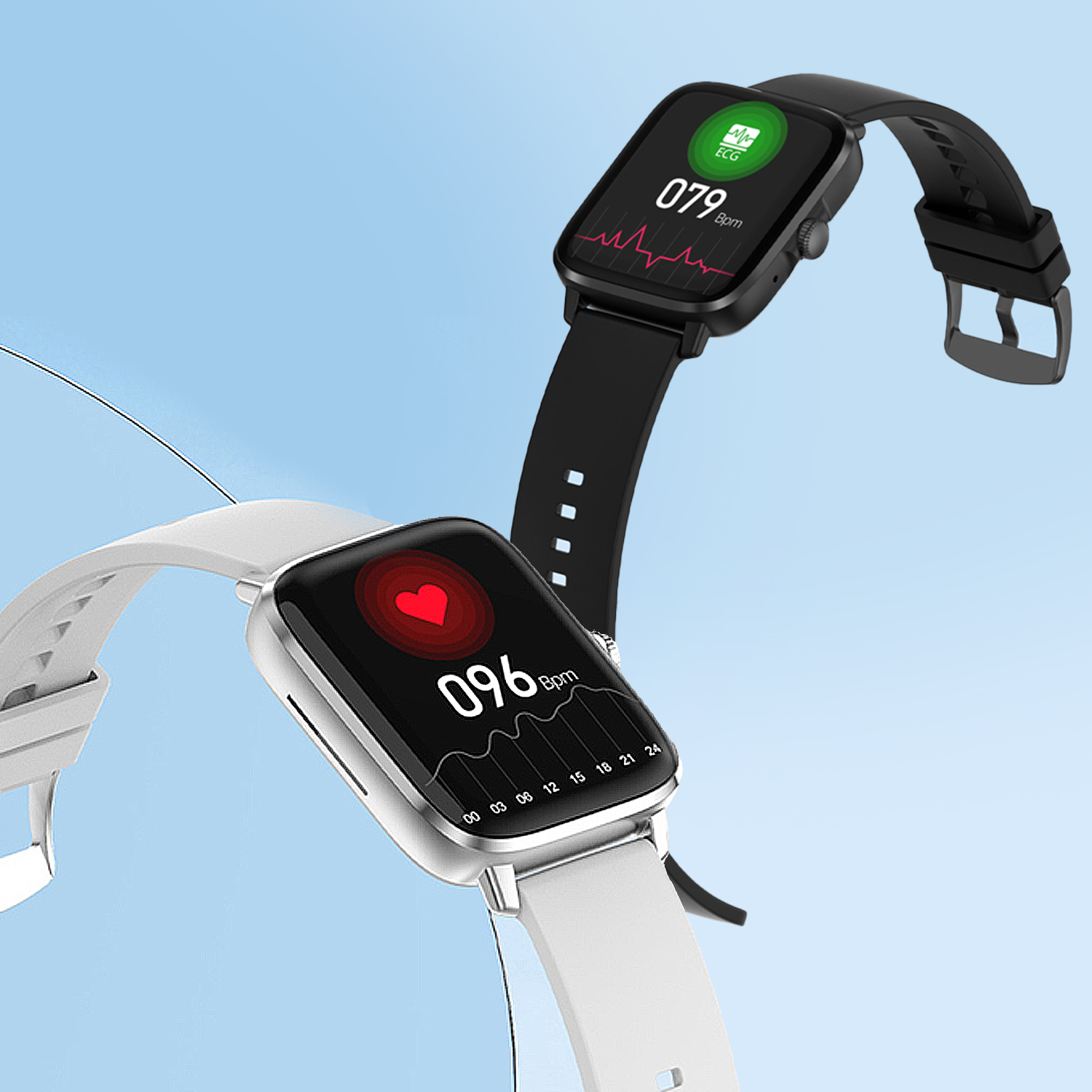 Due smartwatch, uno nero, uno bianco. I display mostrano le letture della frequenza cardiaca, 079 e 096 bpm.