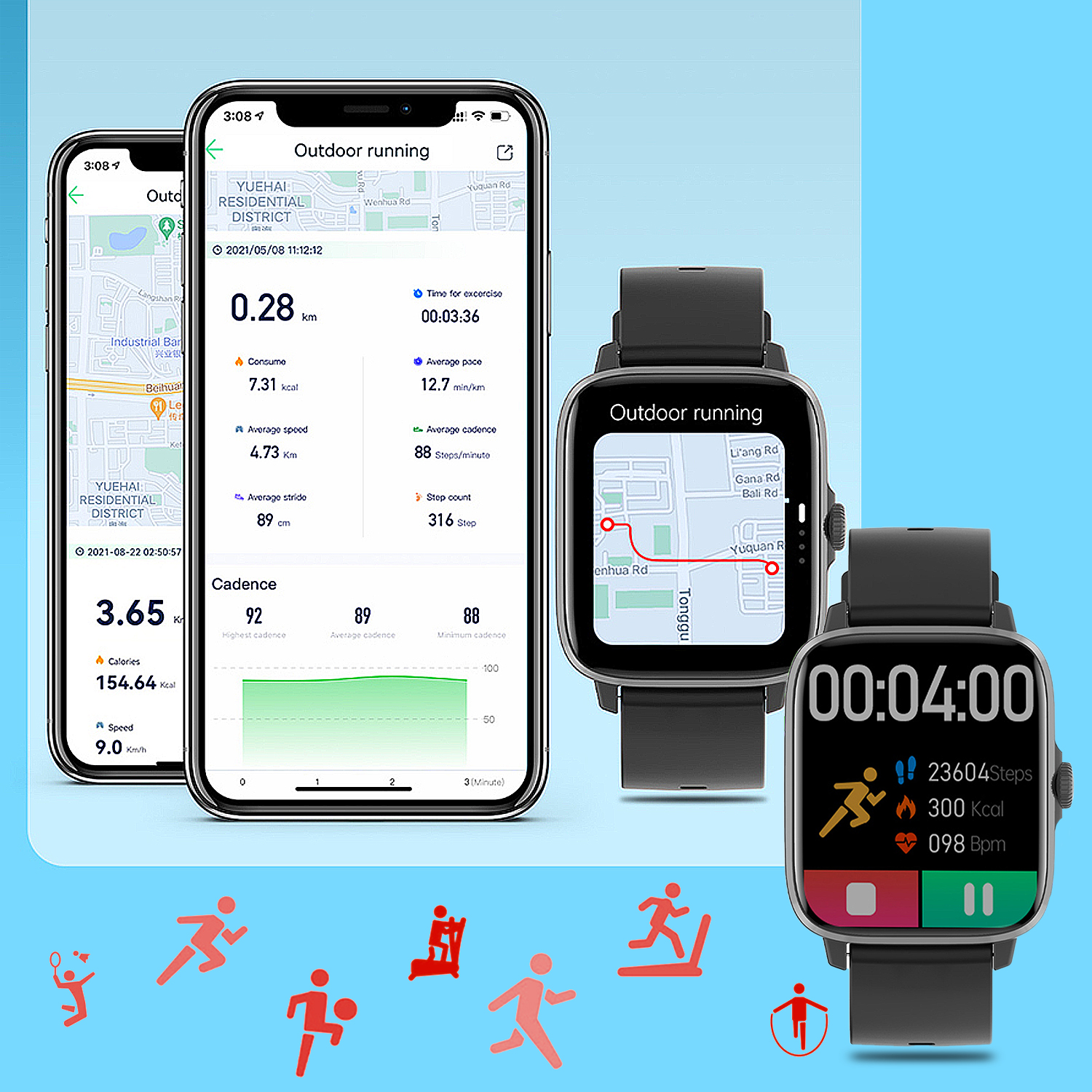 Smartwatch e telefono che mostrano dati di corsa all'aperto: distanza, tempo e mappa.
