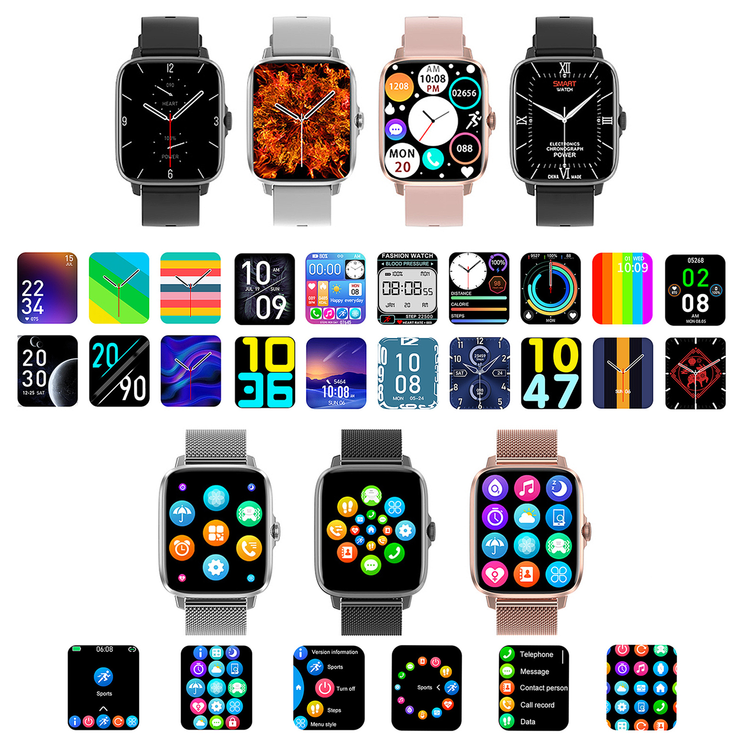 Diversi smartwatch e le loro varie visualizzazioni dello schermo.