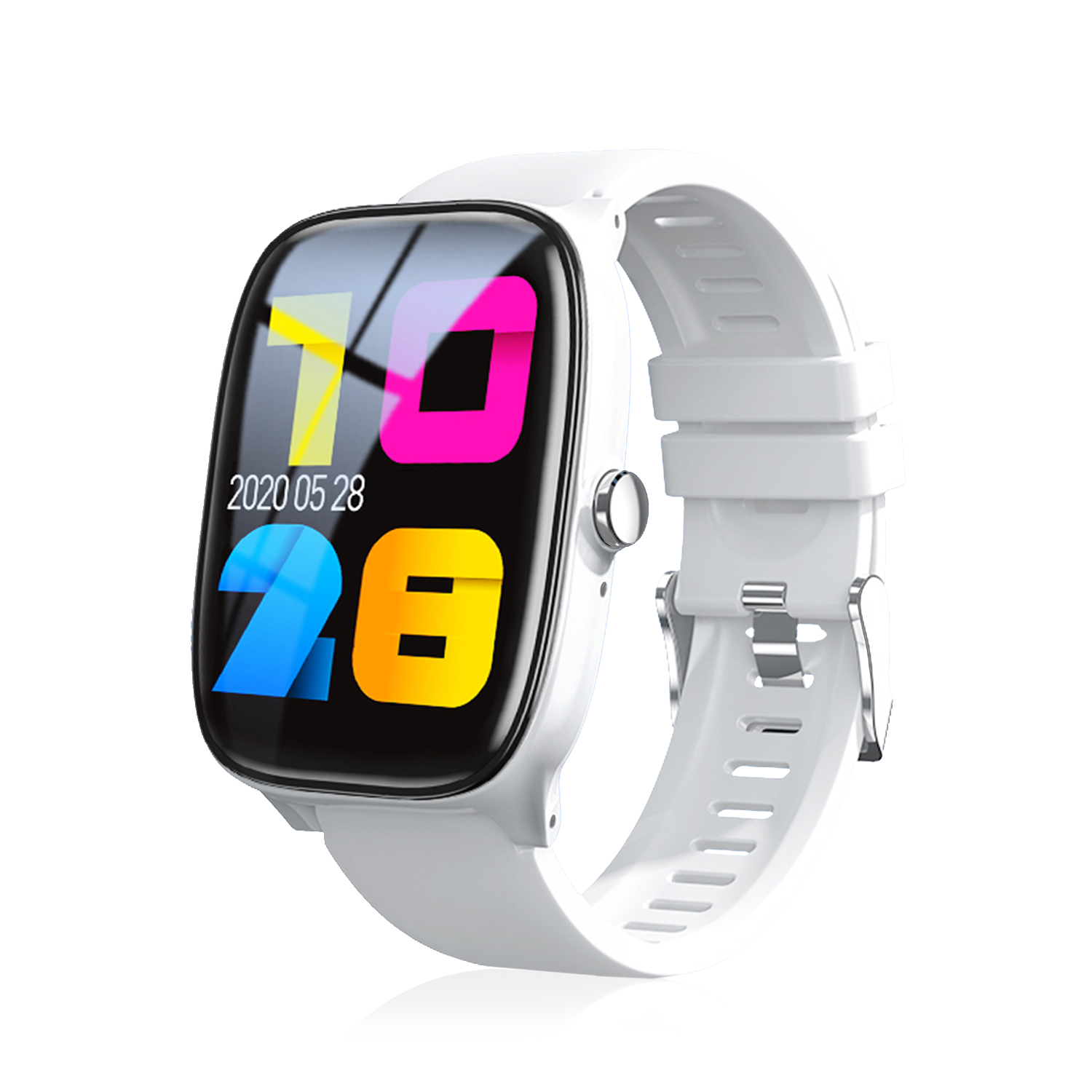 Uno smartwatch bianco con cinturino bianco. Lo schermo mostra dati colorati.