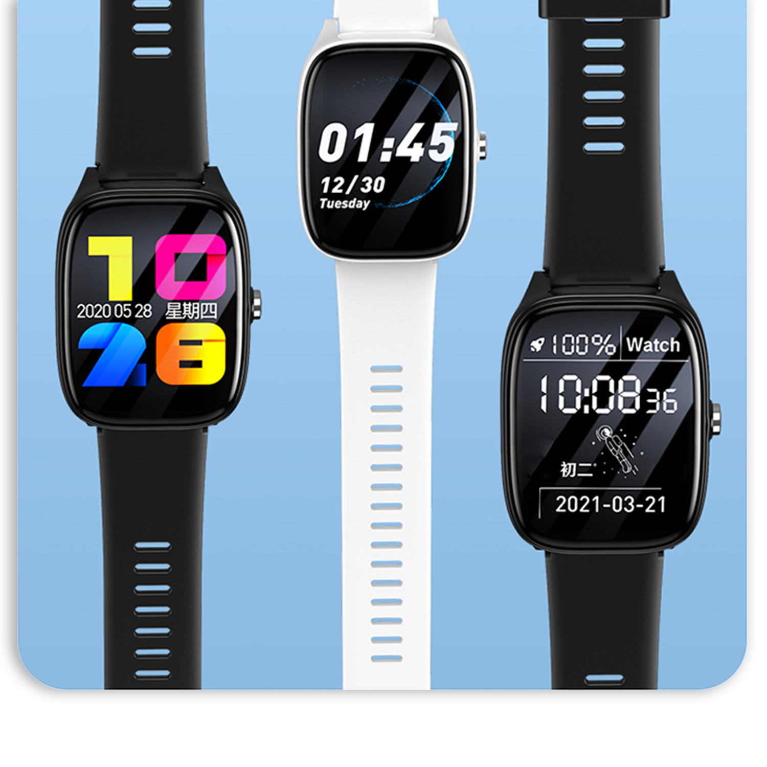 Tre smartwatch su sfondo blu, che mostrano l'ora e varie interfacce di app.