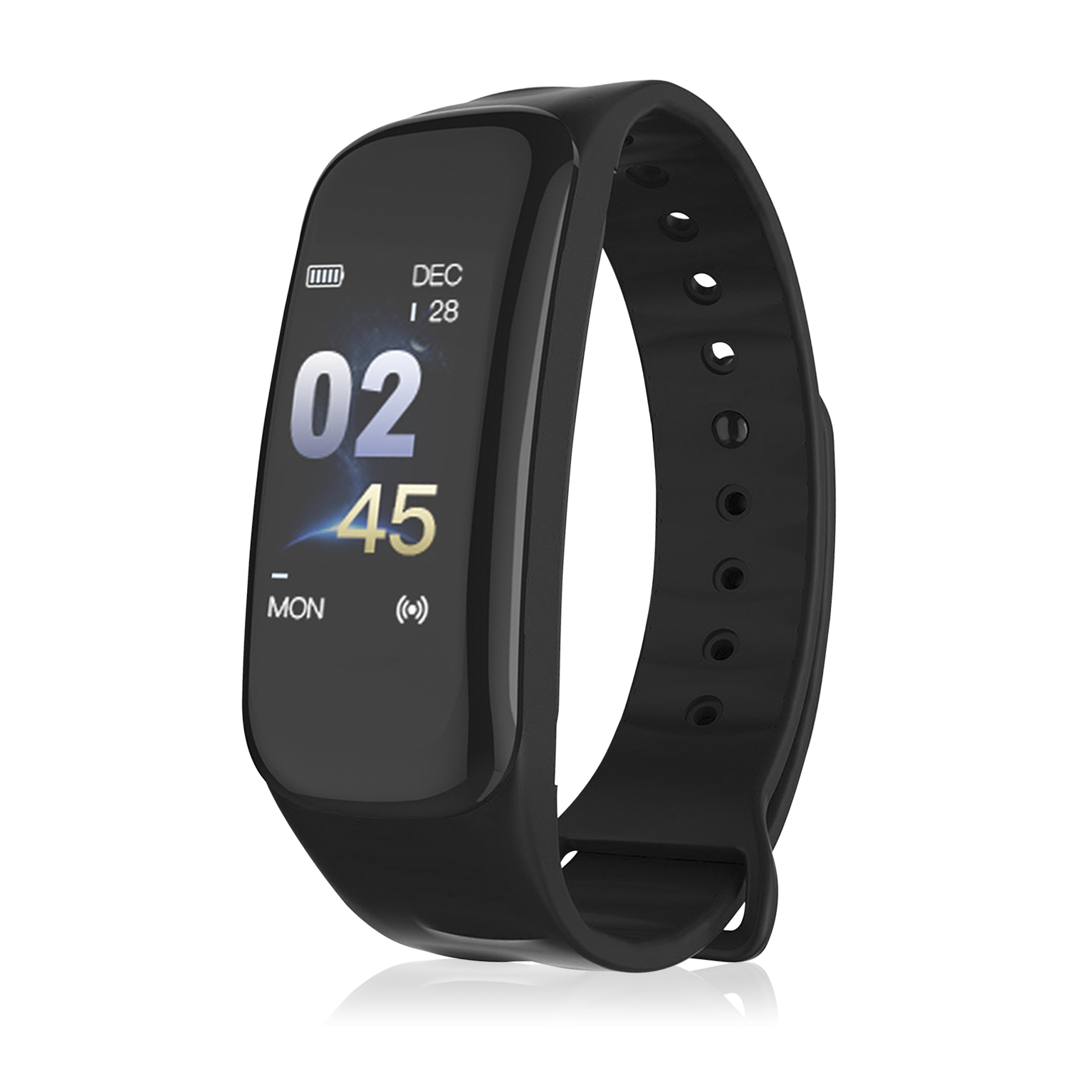 Fitness tracker nero con schermo nero. Visualizza data e ora. Cinturino nero. Sfondo bianco.