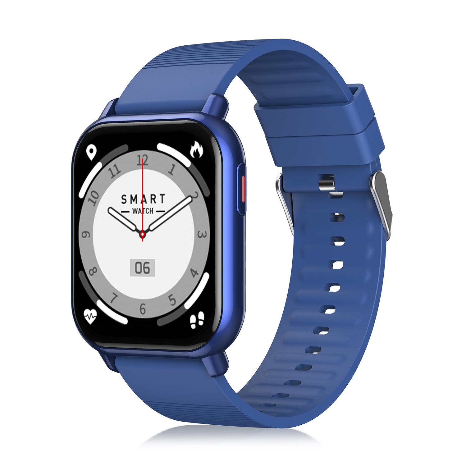 Blaue Smartwatch mit blauem Band, zeigt die Uhrzeit und ein weißes Zifferblatt.