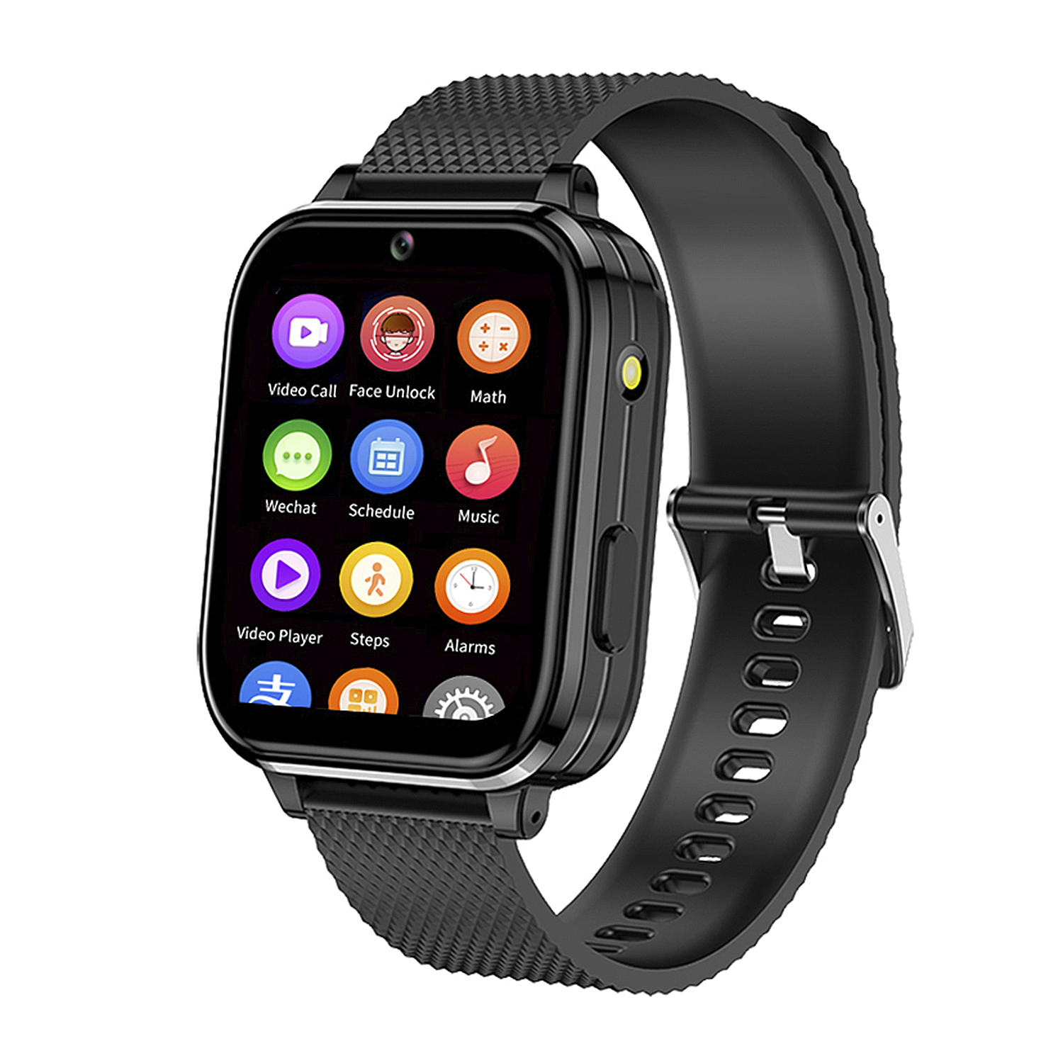 Reloj inteligente negro con correa negra. Tiene una pantalla táctil con iconos.