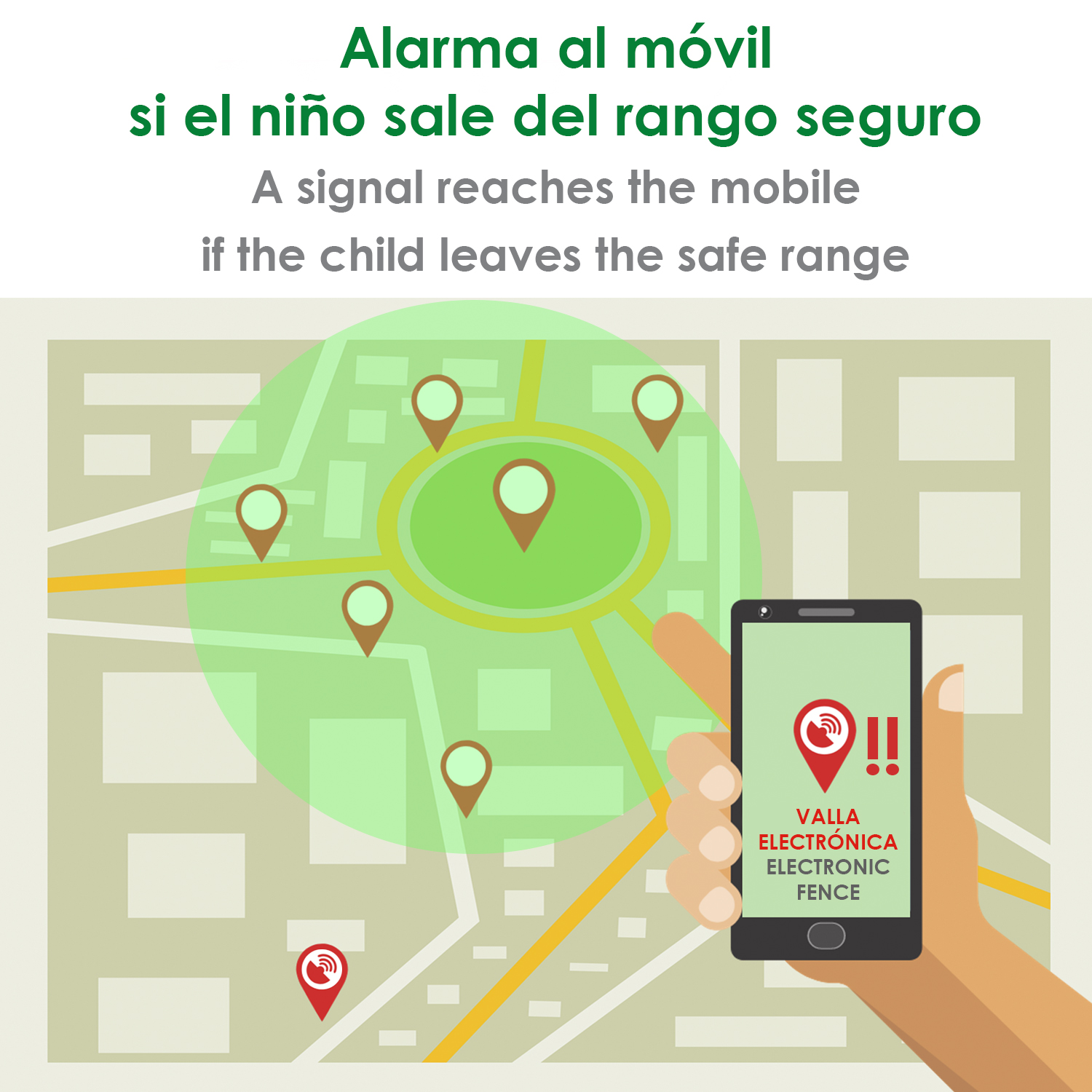 Mapa con geo-valla marcada. Mano sostiene teléfono con alerta. Texto indica que el niño está fuera del rango seguro.