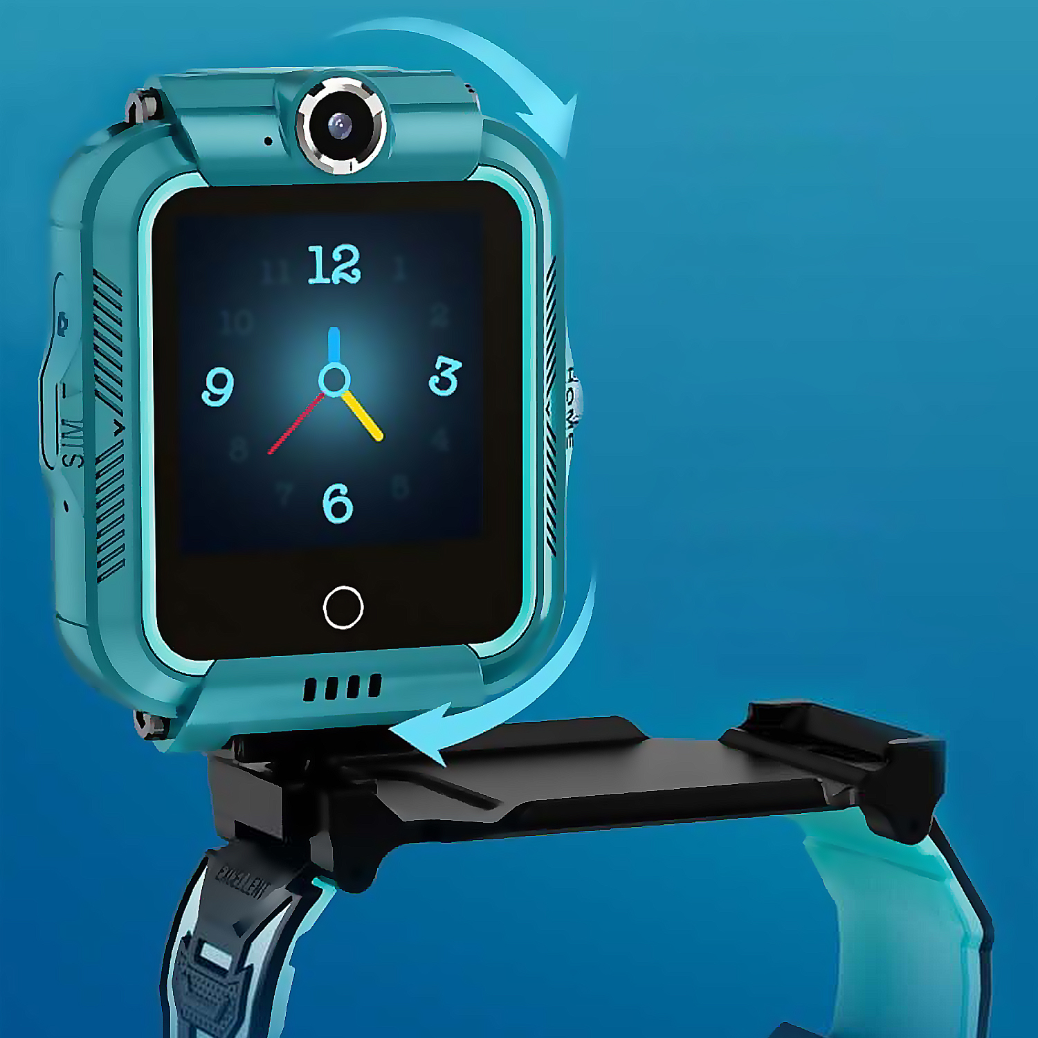 Türkisfarbene Smartwatch, Bildschirm mit Ziffernblatt. Schwarzes Band, rotierende Ansicht. Blauer Hintergrund.
