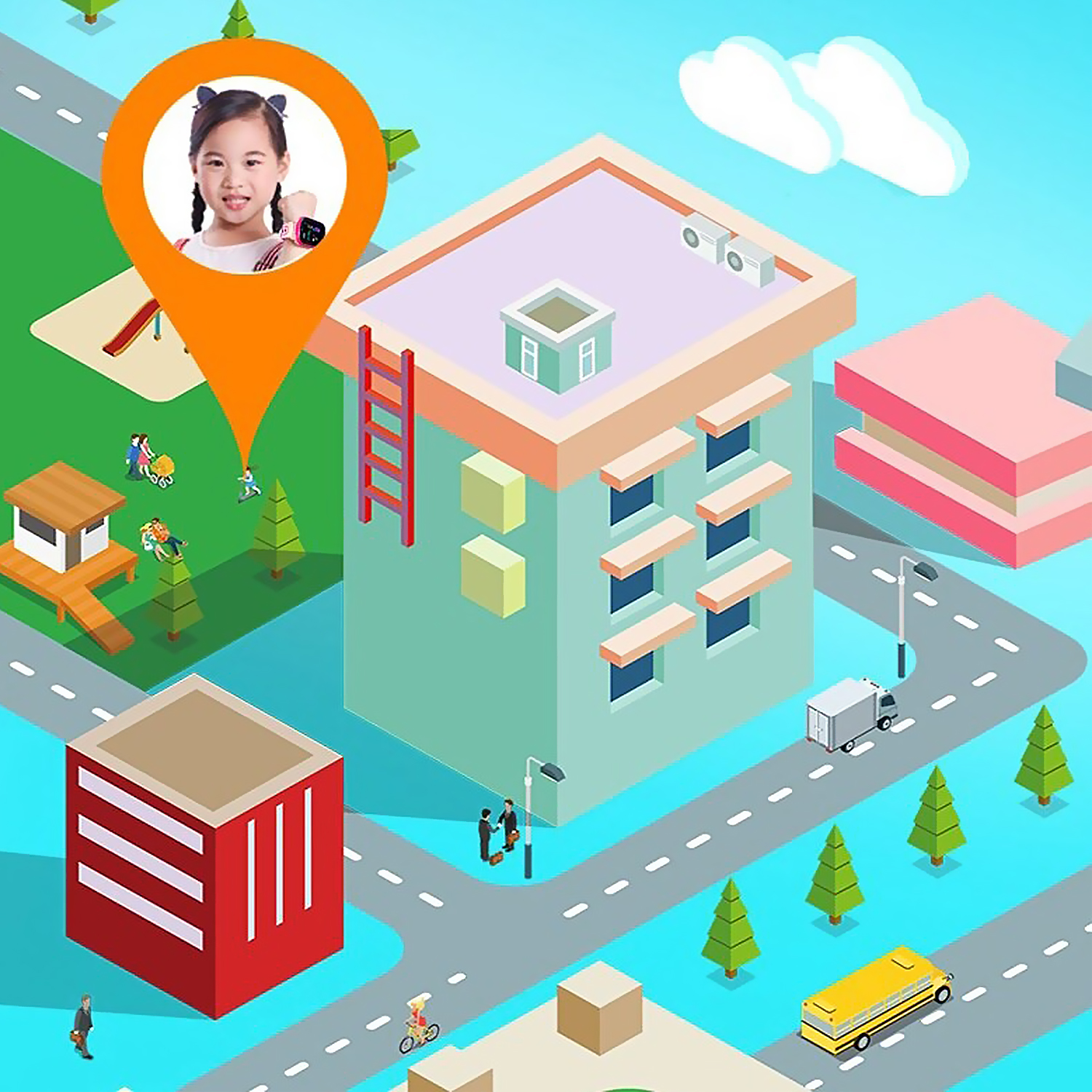 Isometrische Illustration einer Stadt mit einem jungen Mädchen und einem Geolocation-Pin.