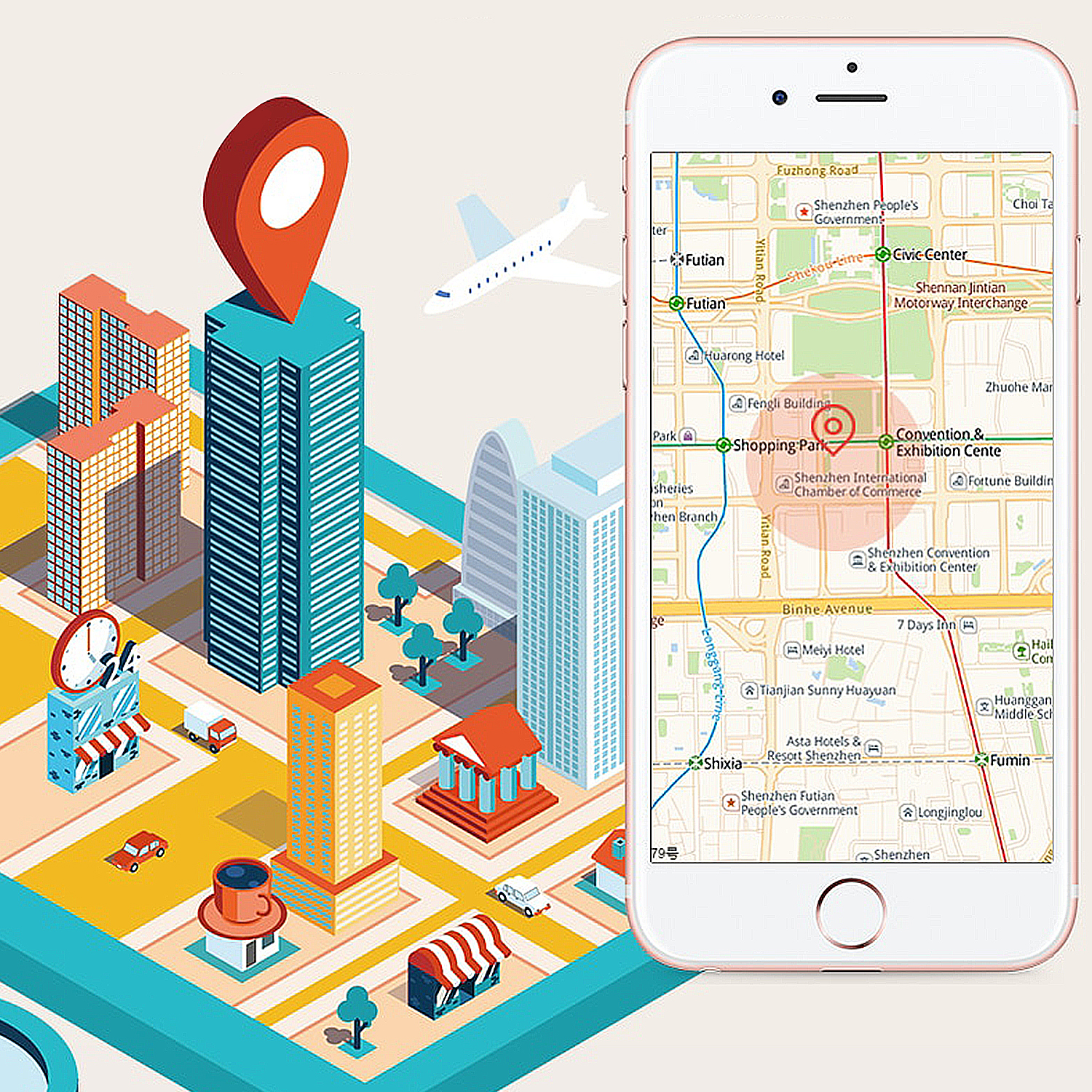 Ein Smartphone zeigt eine Karte einer Stadt mit hervorgehobenen Punkten und Gebäuden.